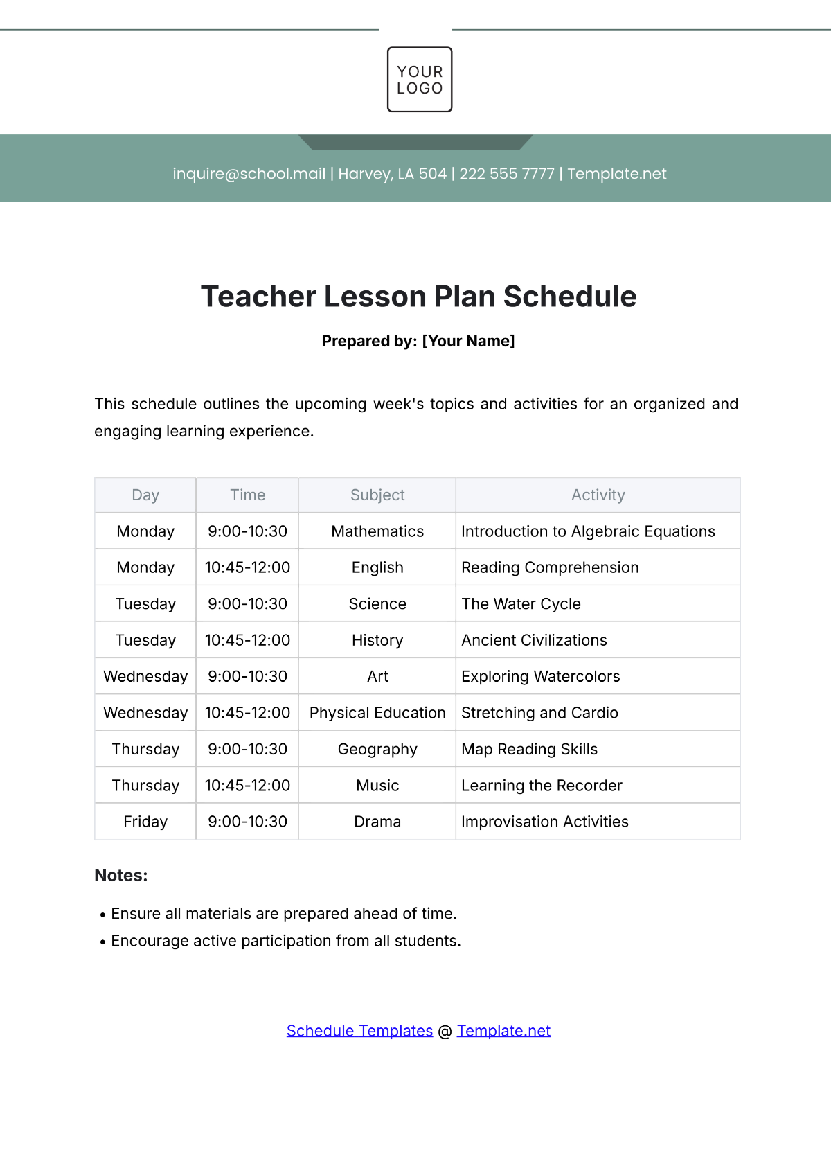 Teacher Lesson Plan Schedule Template - Edit Online & Download