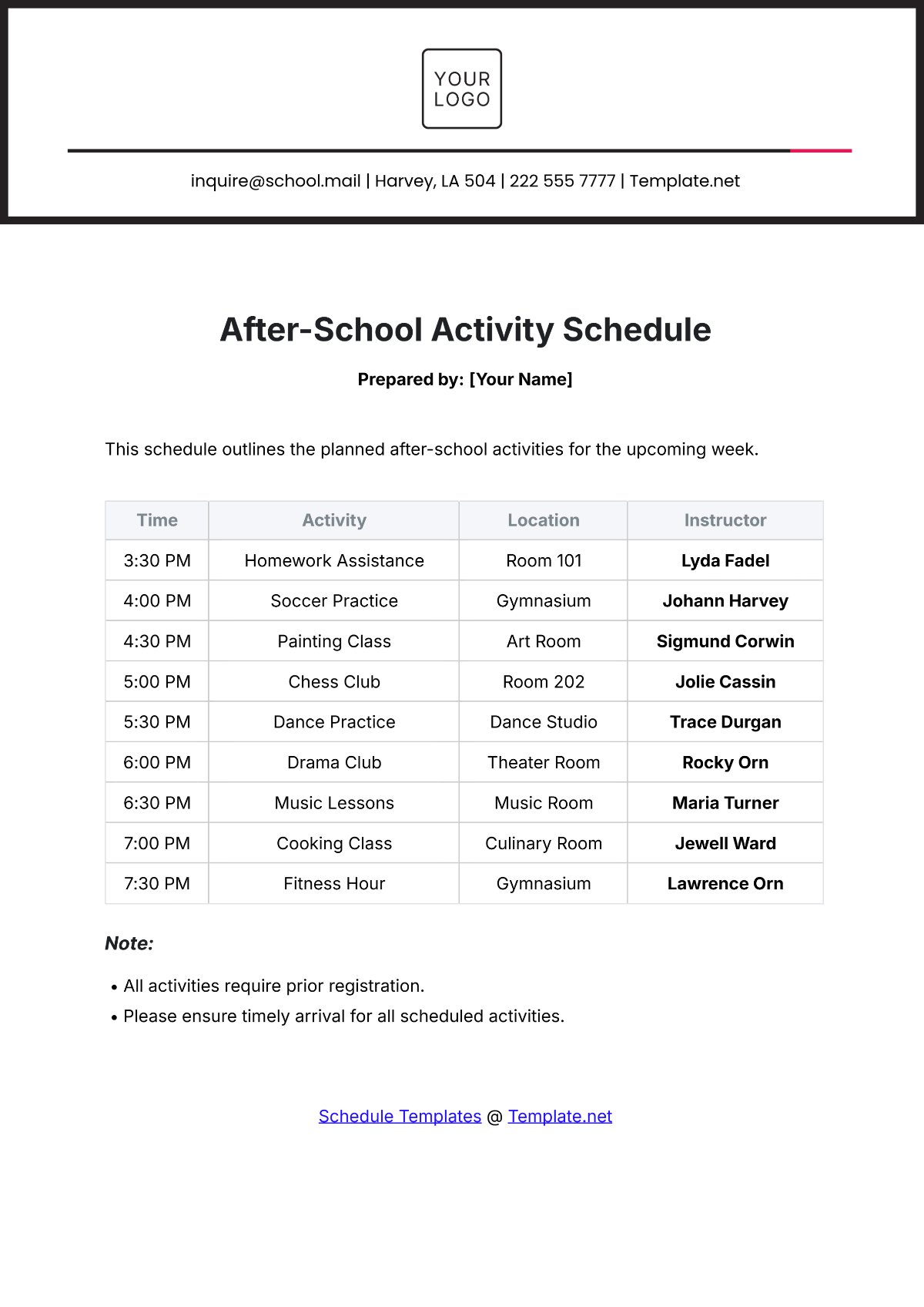 After-School Activity Schedule Template - Edit Online & Download