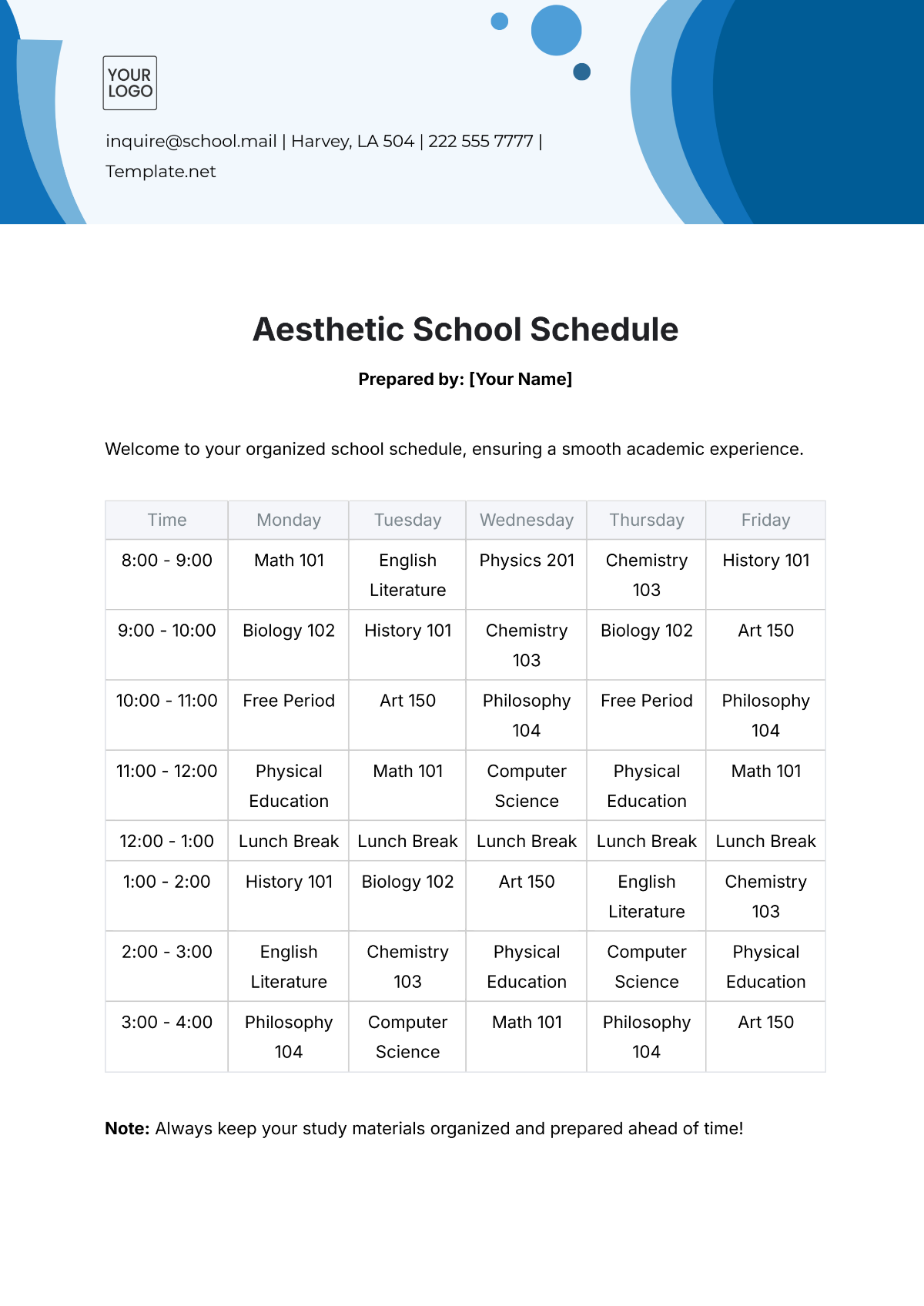 Aesthetic School Schedule Template - Edit Online & Download