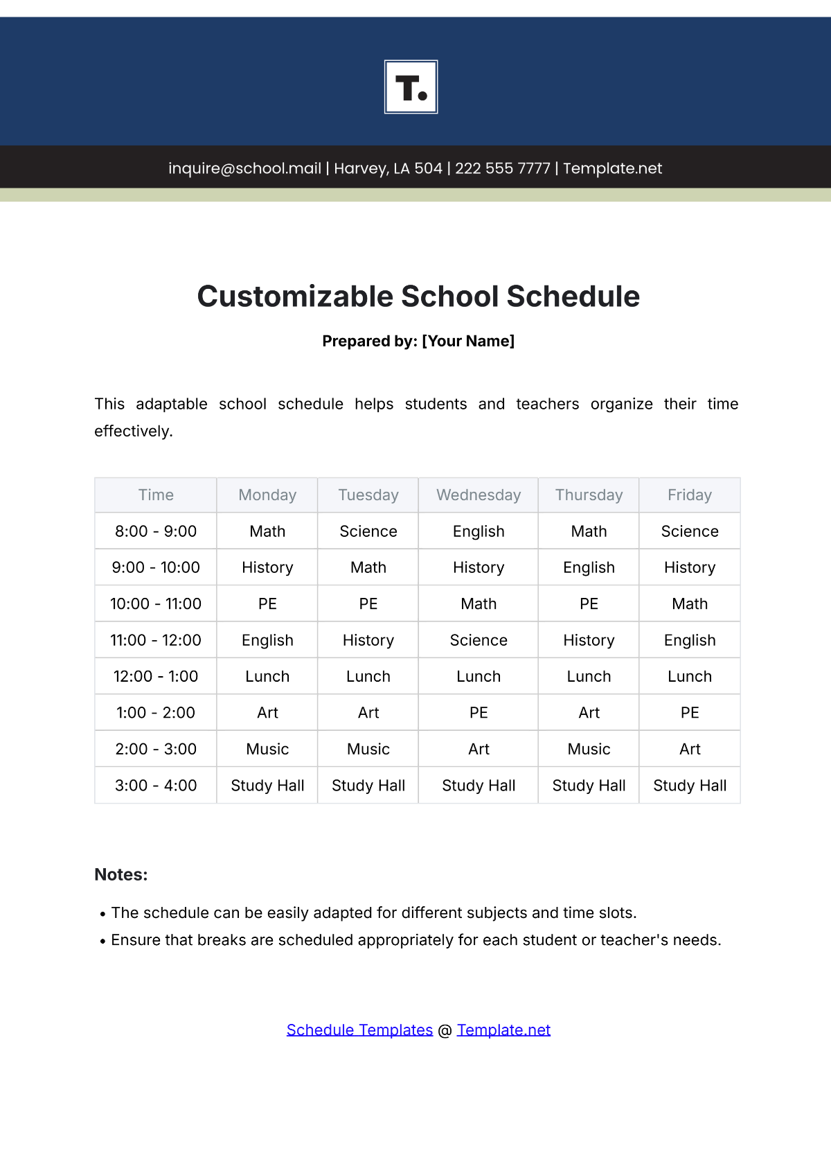 Customizable School Schedule Template - Edit Online & Download