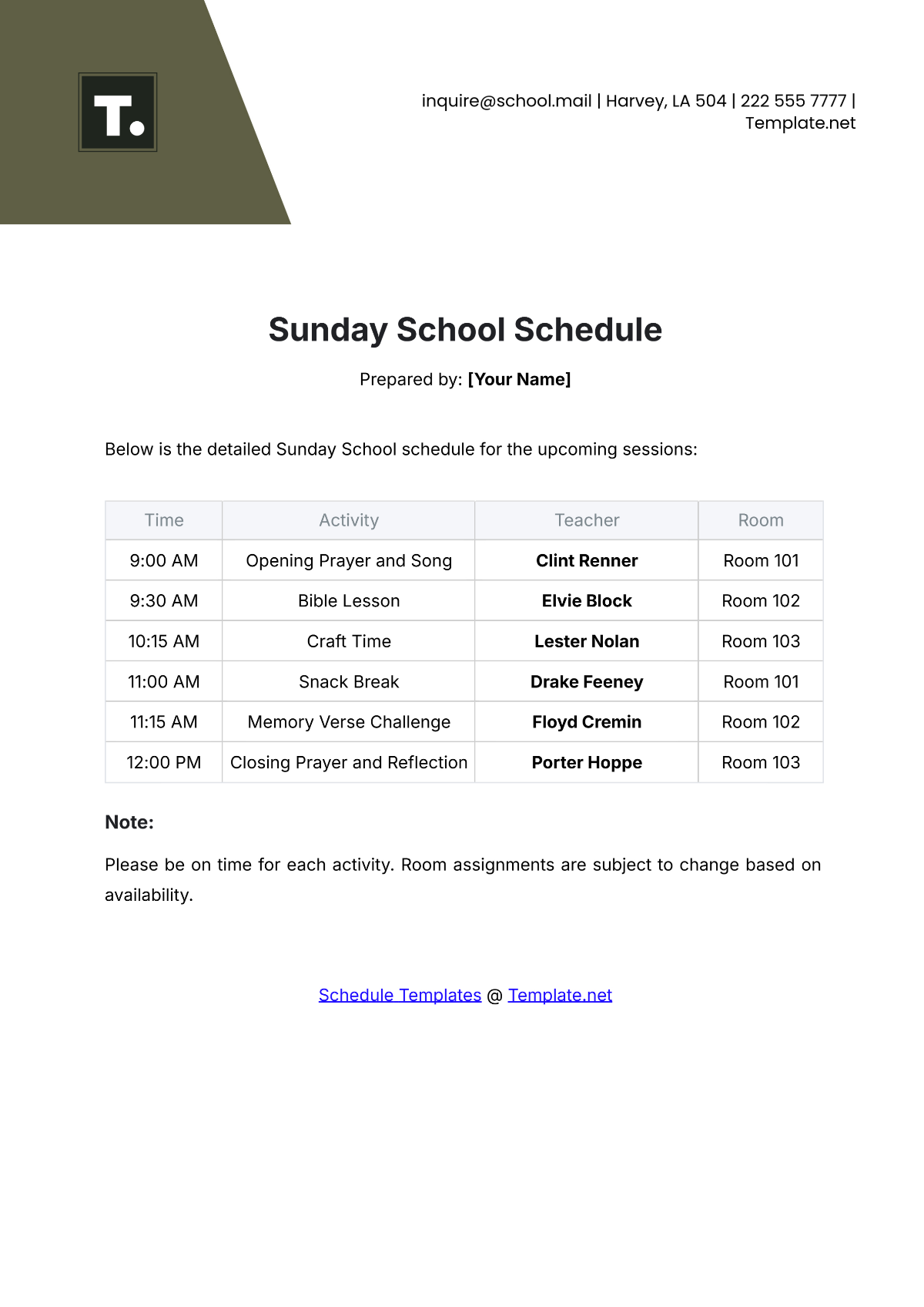 Sunday School Schedule Template - Edit Online & Download