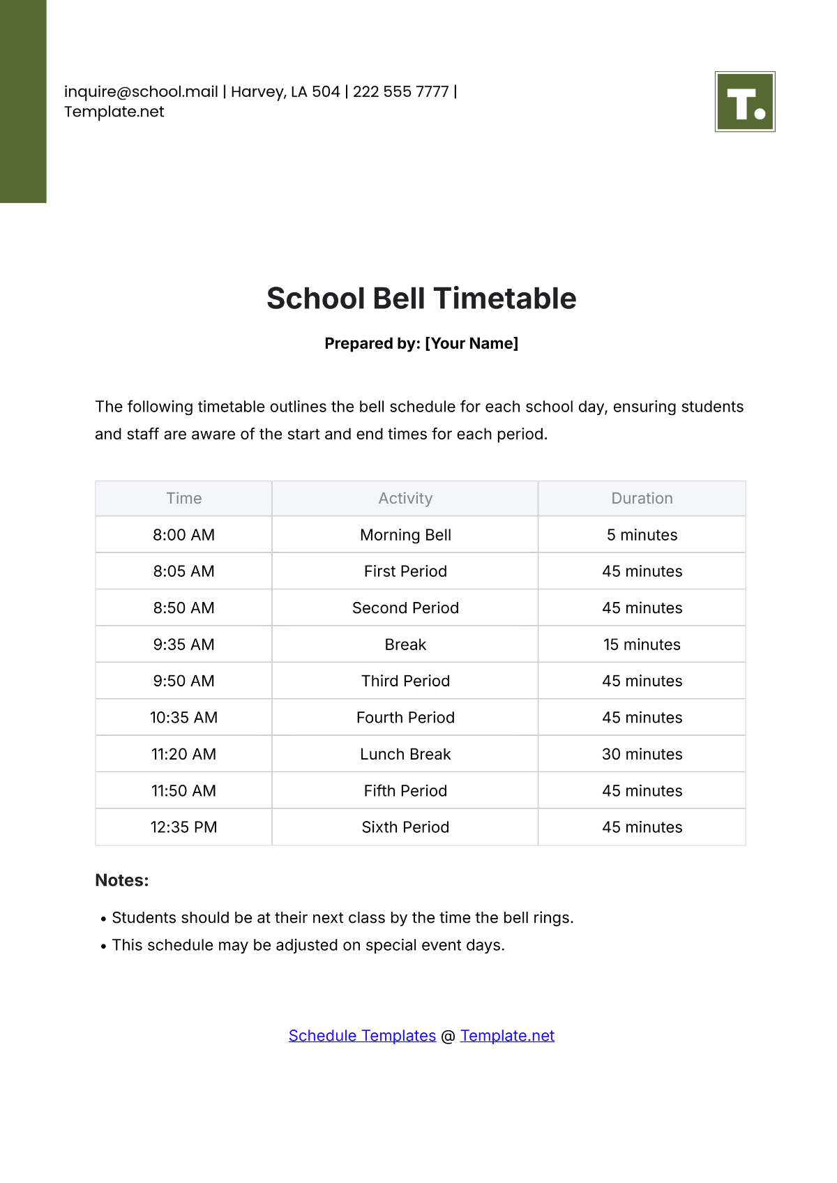 School Bell Timetable Template - Edit Online & Download