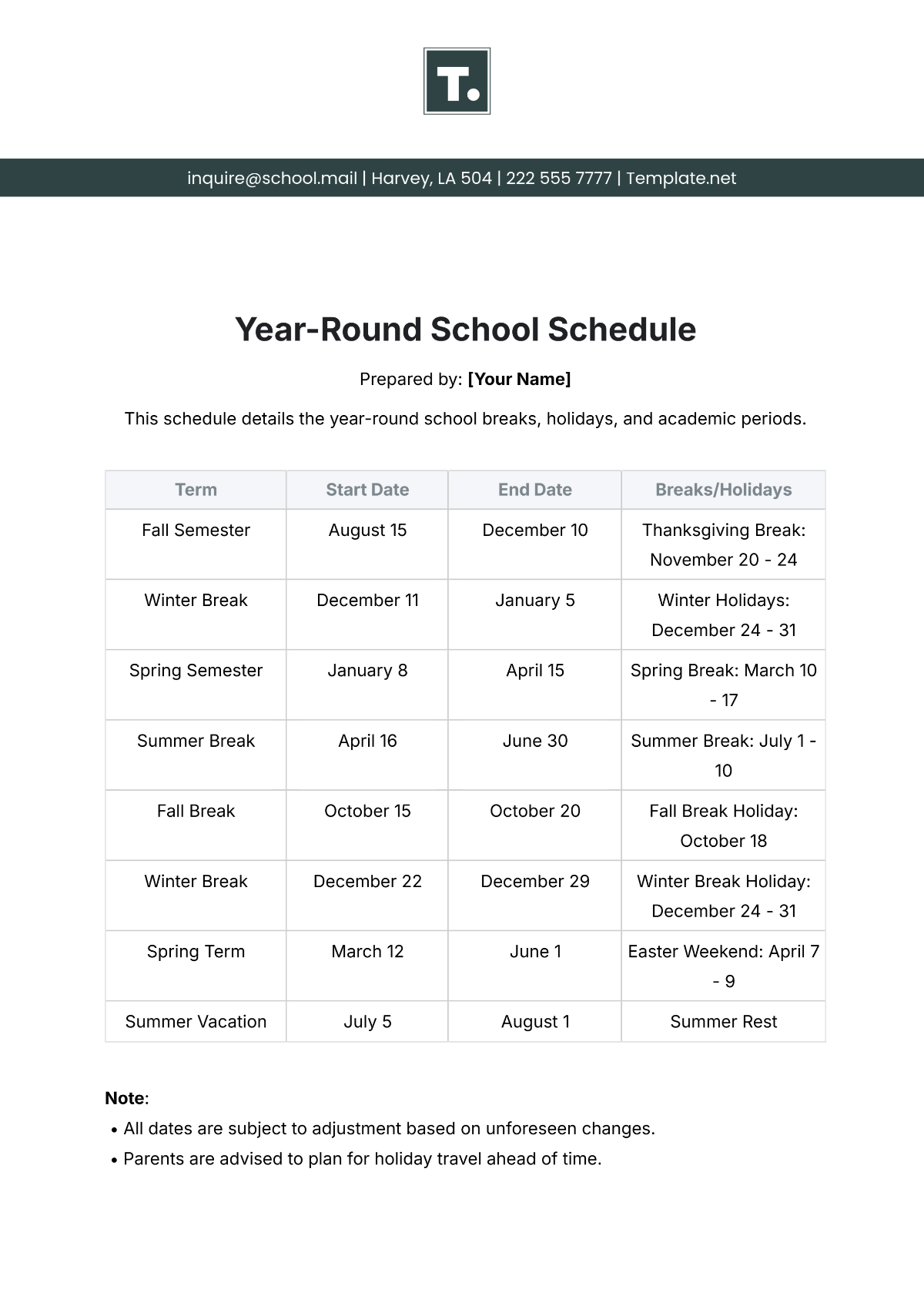 Year-Round School Schedule Template - Edit Online & Download