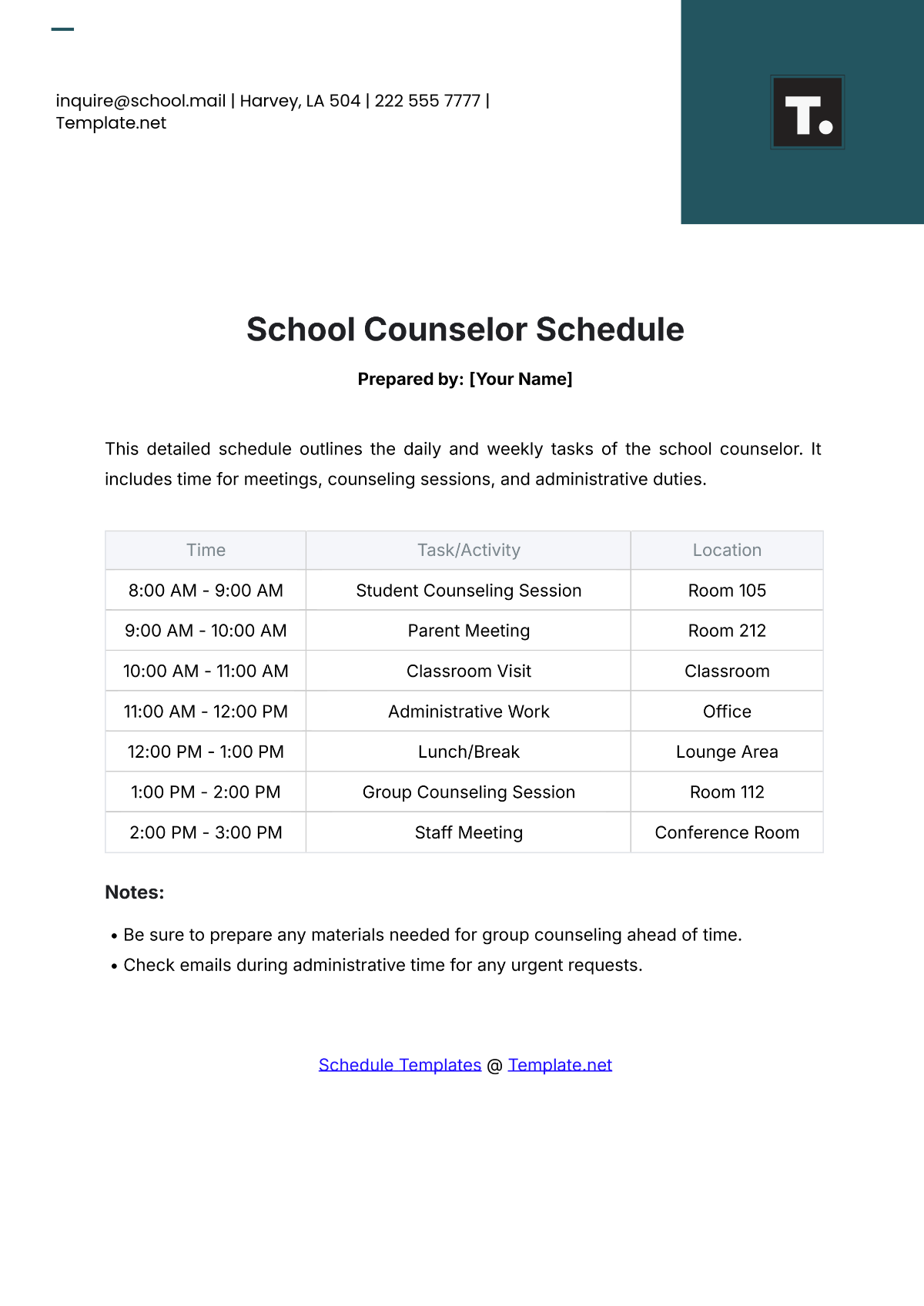 School Counselor Schedule Template - Edit Online & Download