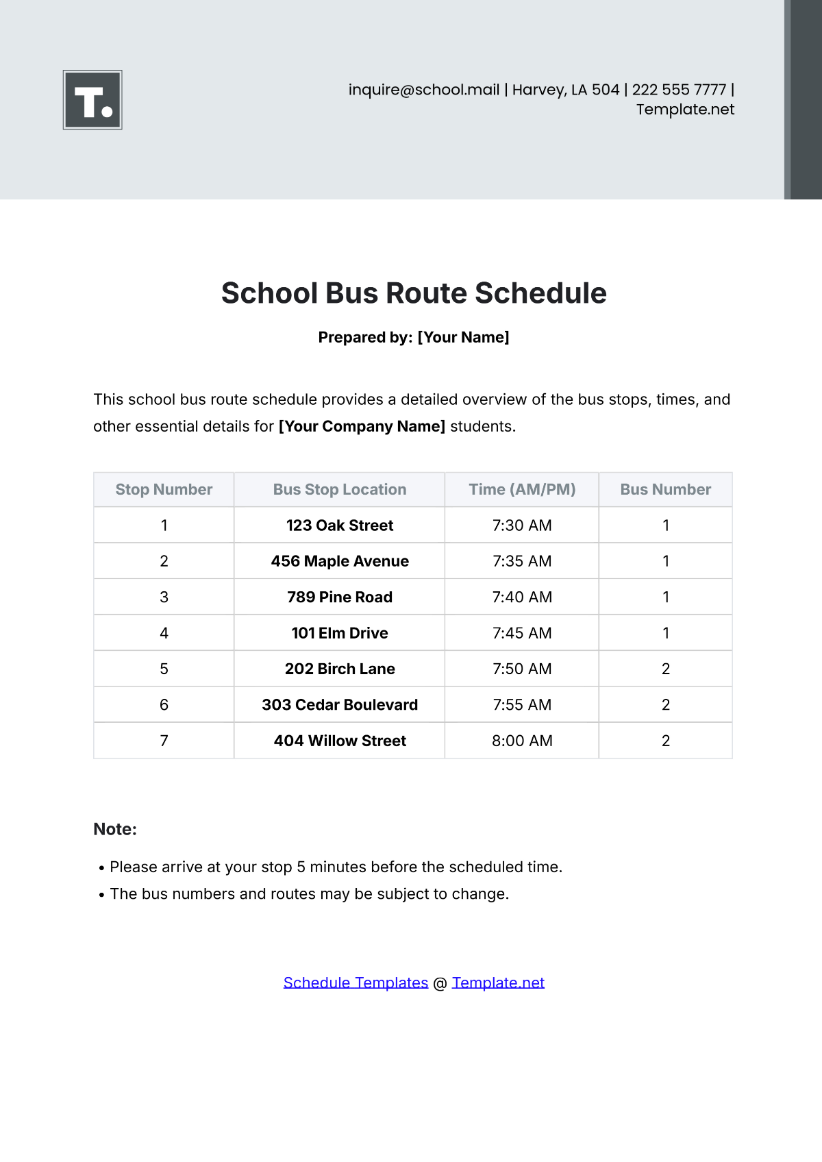 School Bus Route Schedule Template - Edit Online & Download