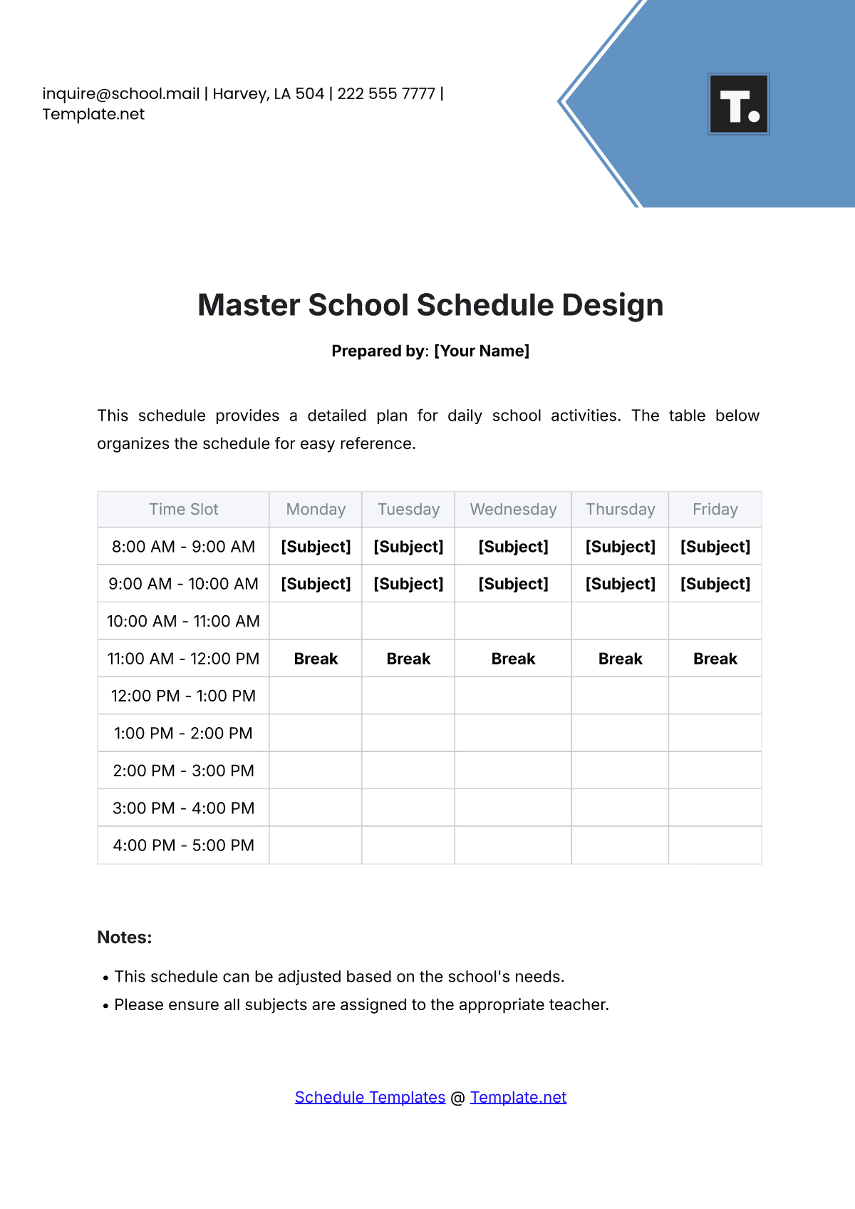 Master School Schedule Design Template - Edit Online & Download