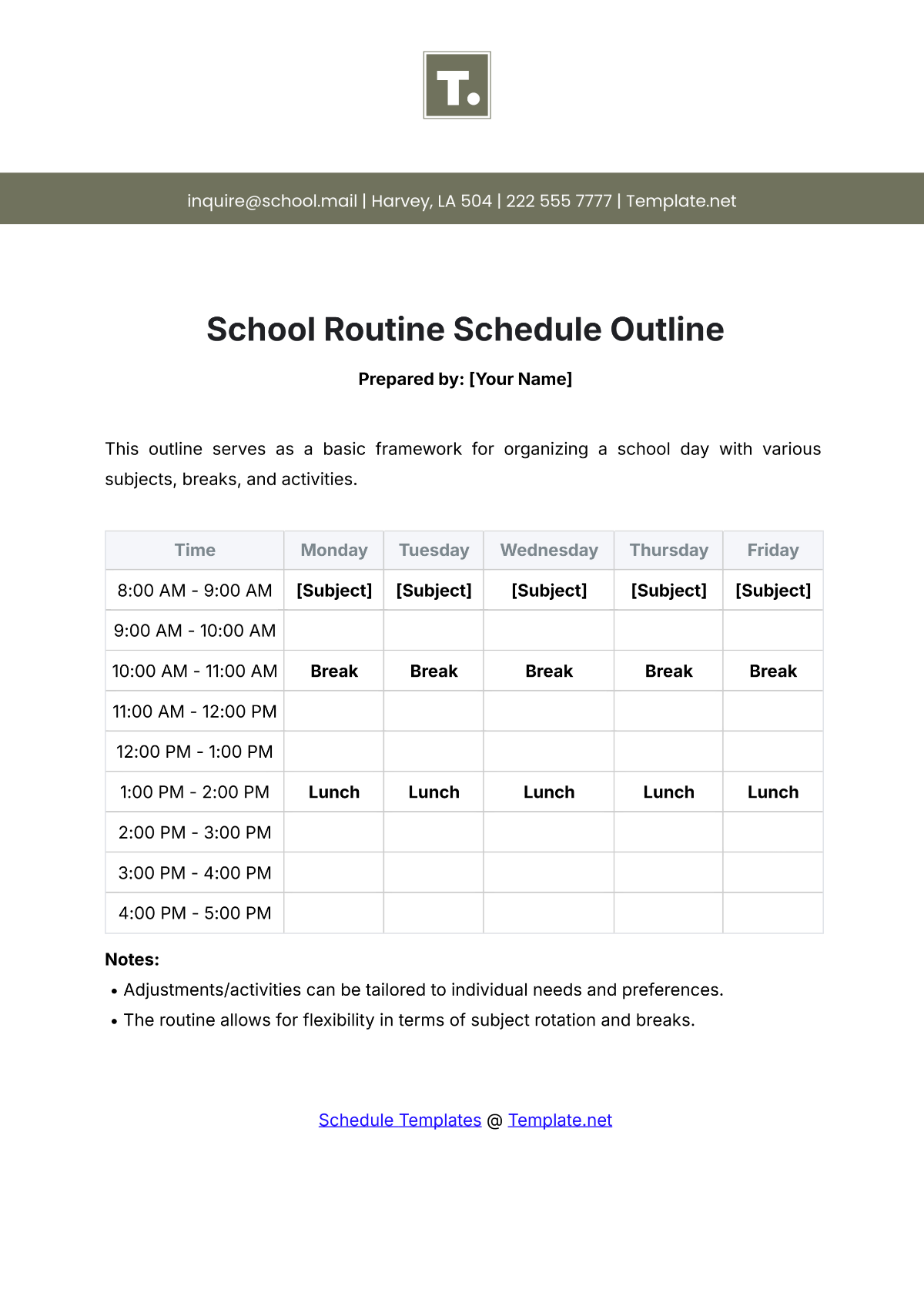 School Routine Schedule Outline Template - Edit Online & Download