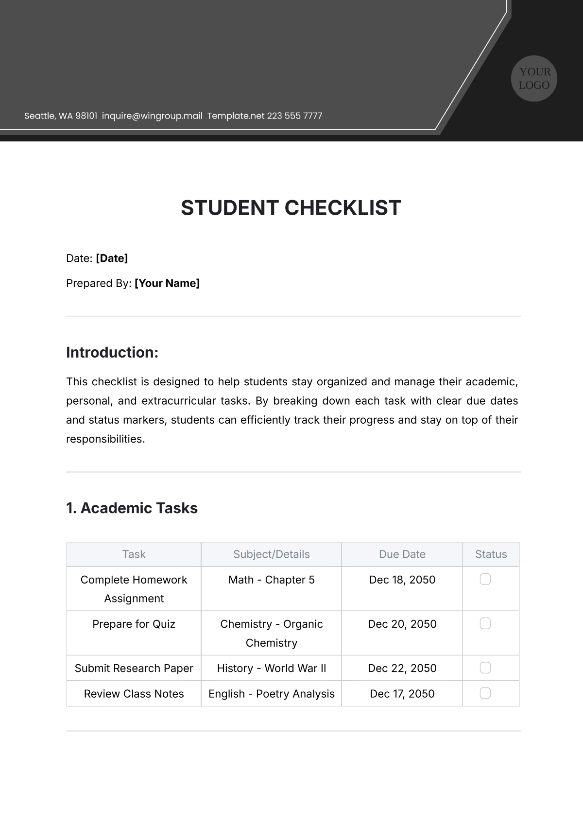 Student Checklist Template - Edit Online & Download