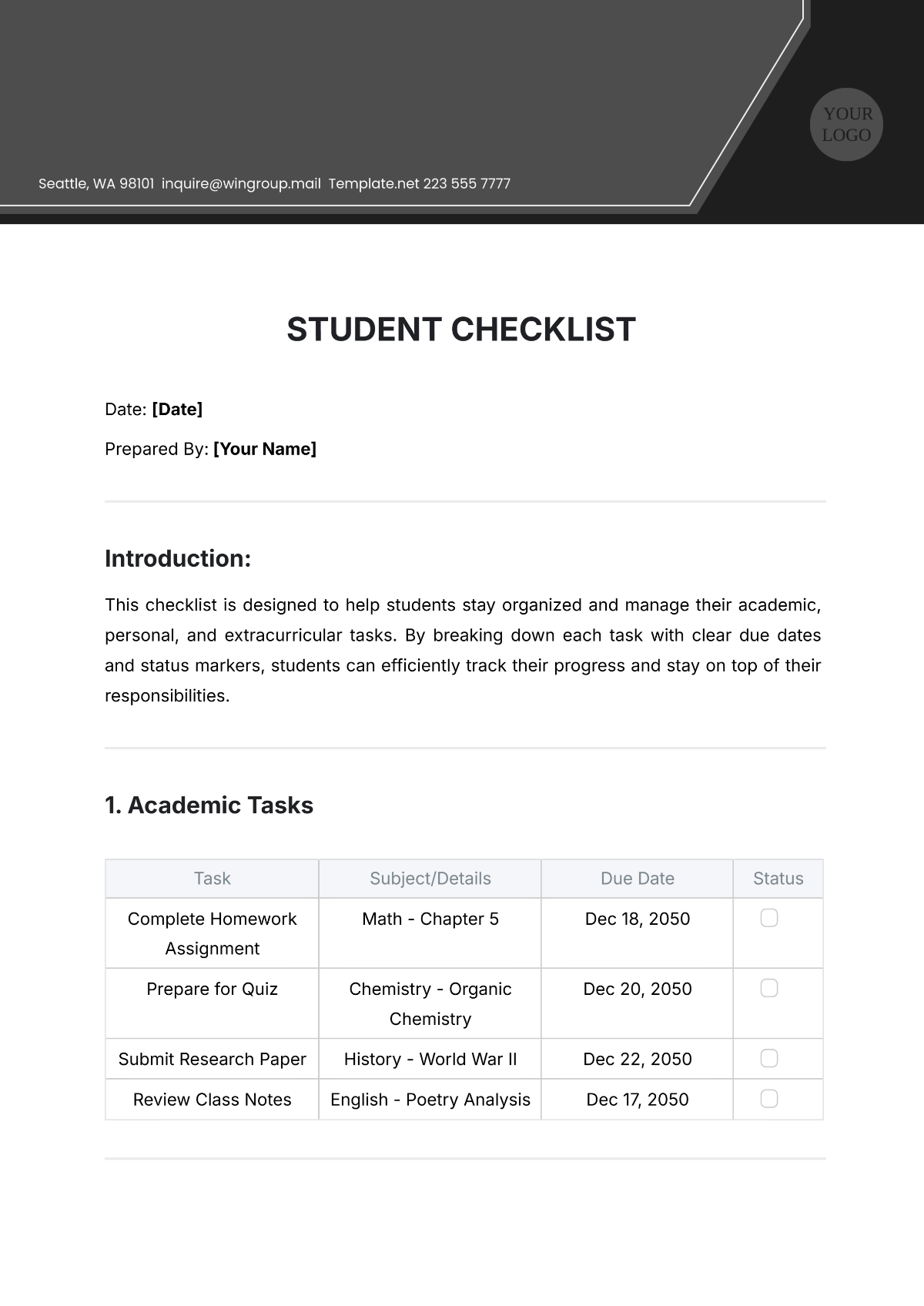 Free Student Checklist Template To Edit Online