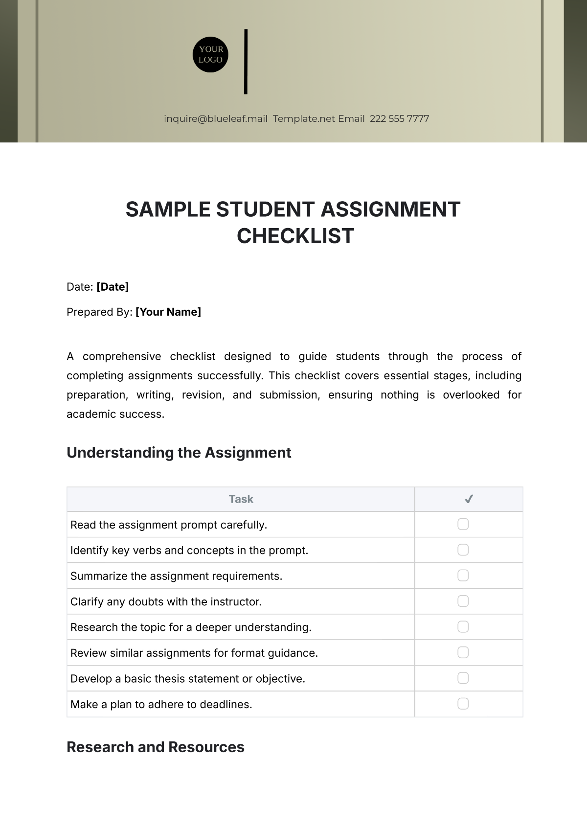 Sample Student Assignment Checklist Template - Edit Online & Download