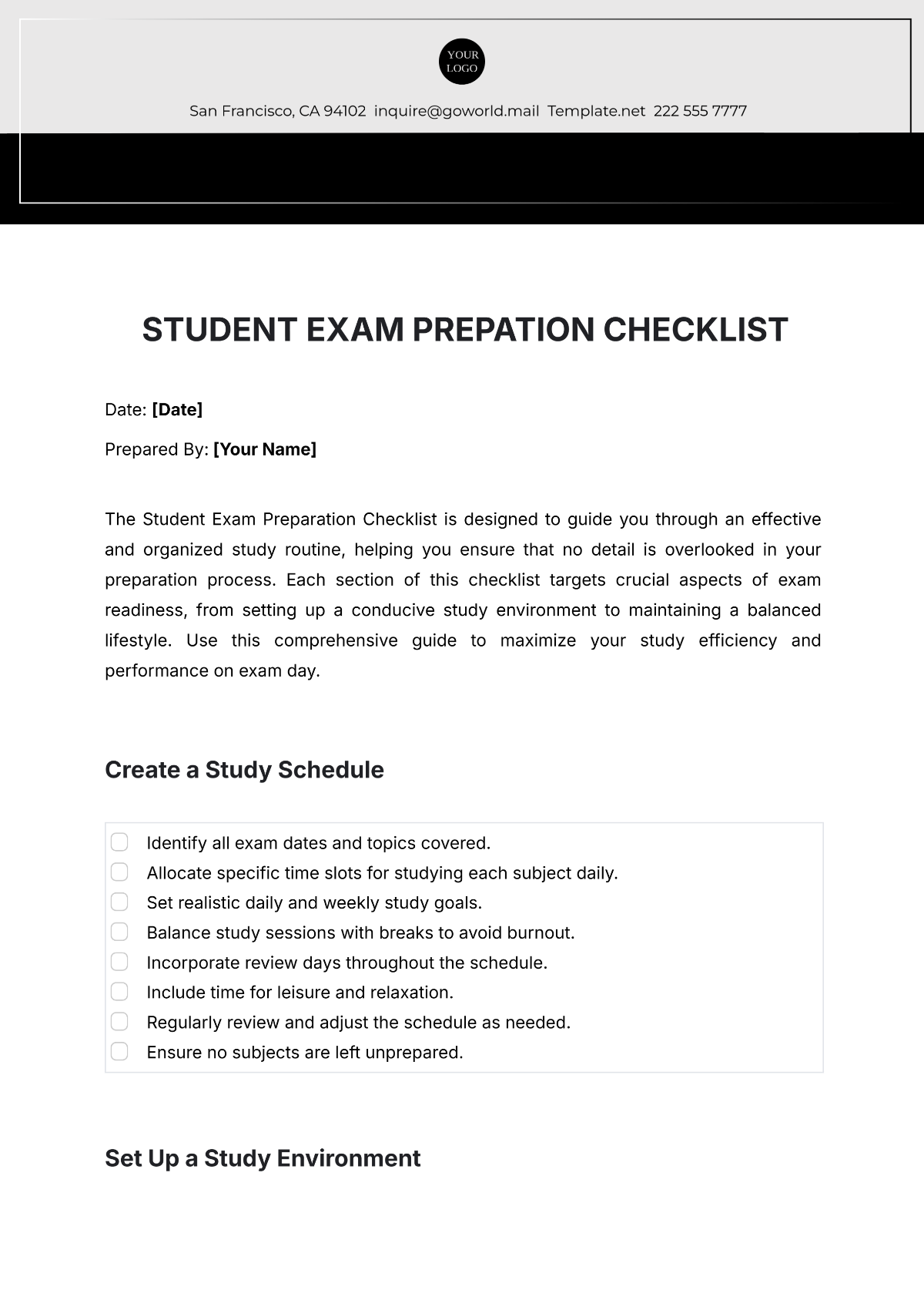 Student Exam Preparation Checklist Template - Edit Online & Download