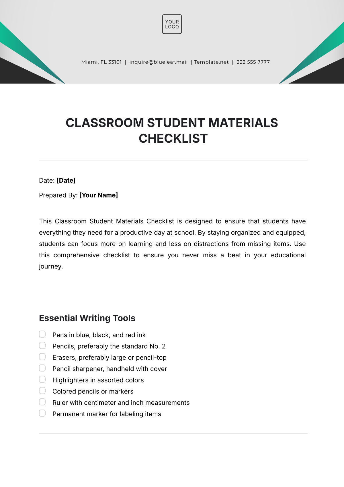 Classroom Student Materials Checklist Template - Edit Online & Download