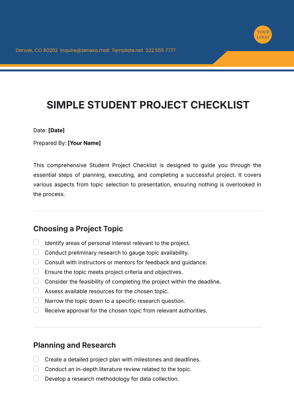 Simple Student Project Checklist Template - Edit Online & Download