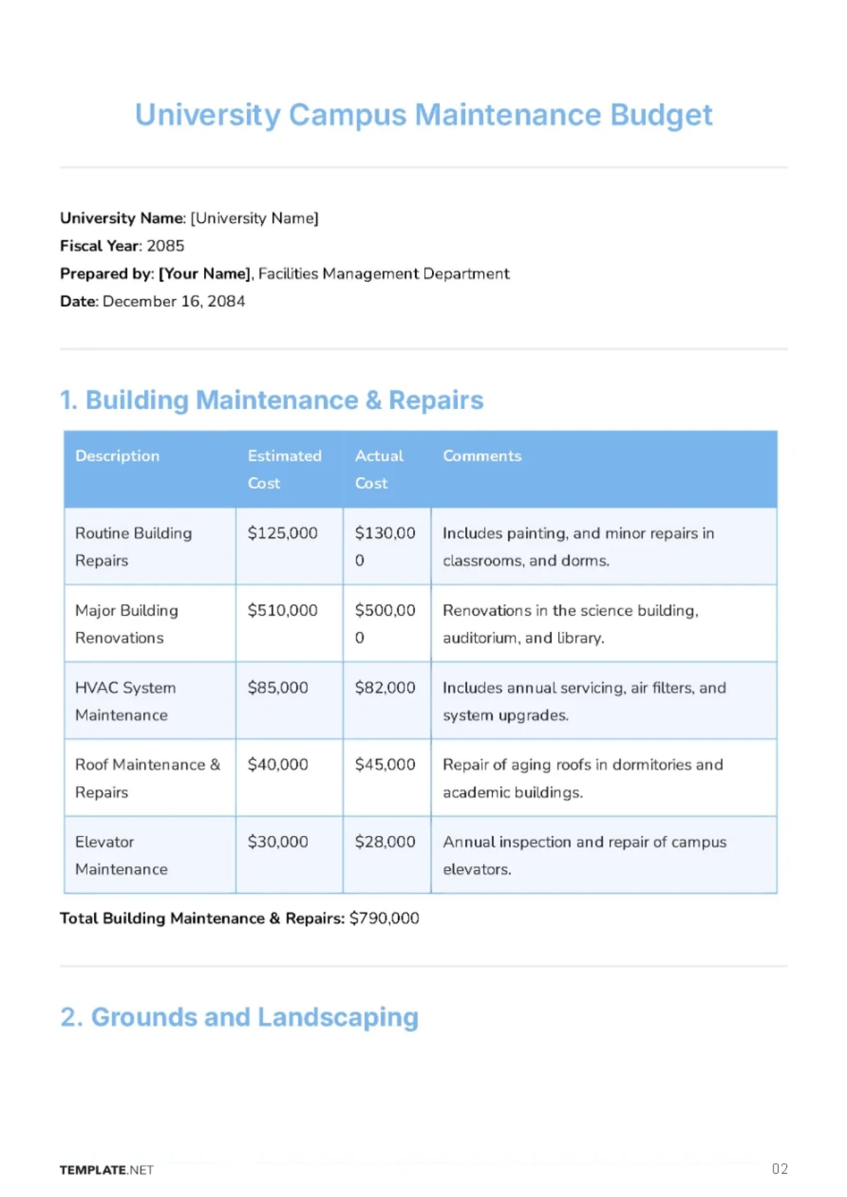 Free University  Campus Maintenance Budget  Template to Edit Online