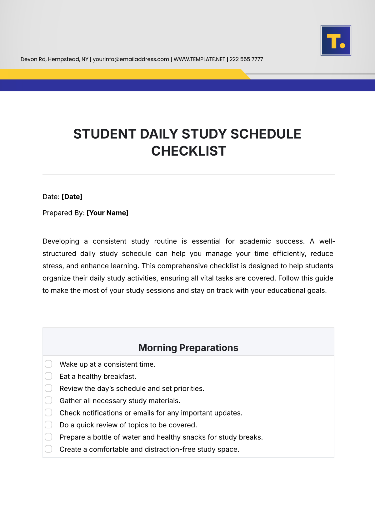 Student Daily Study Schedule Checklist Template - Edit Online & Download