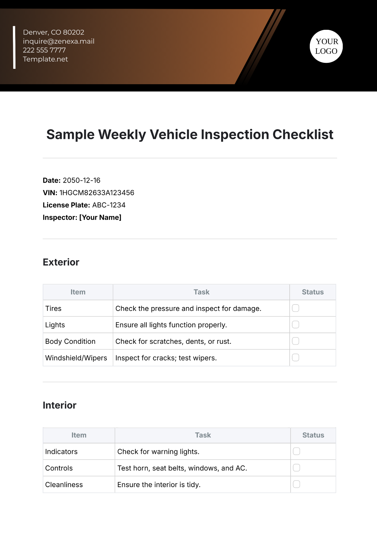 Sample Weekly Vehicle Inspection Checklist Template