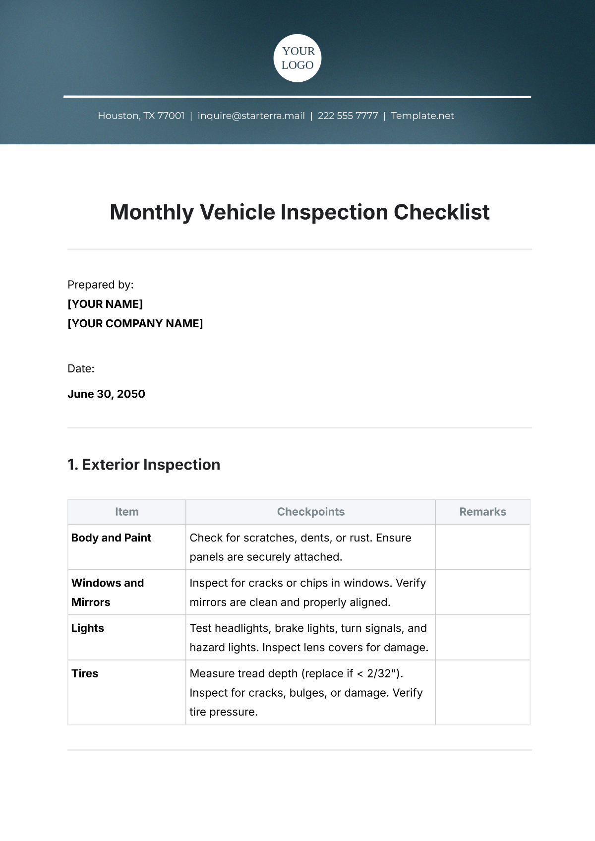 Monthly Vehicle Inspection Checklist Template