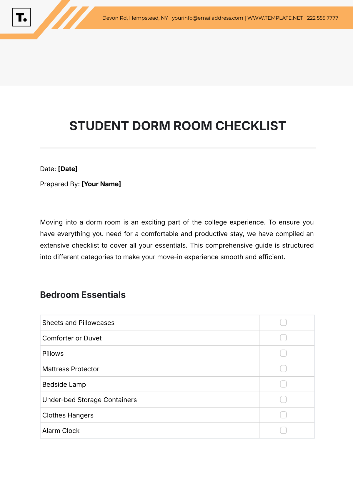 Student Dorm Room Checklist Template - Edit Online & Download