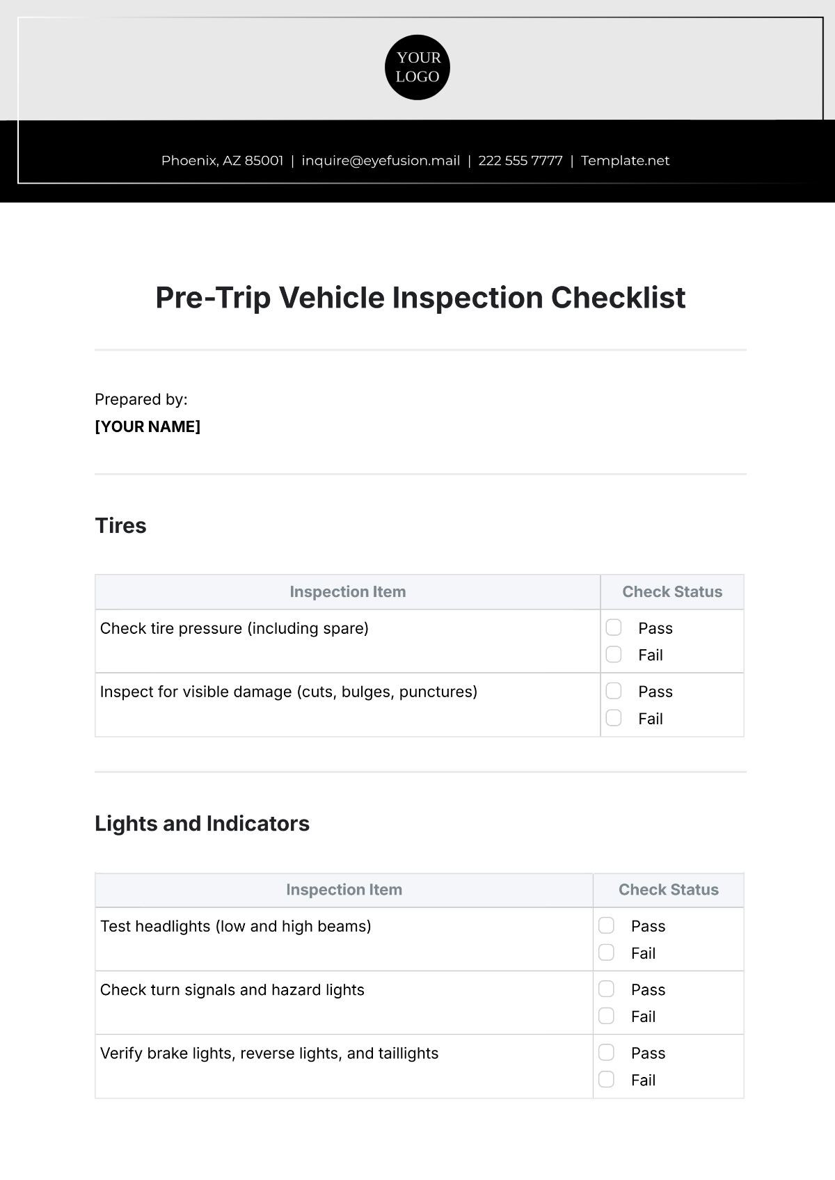 Pre-Trip Vehicle Inspection Checklist Template