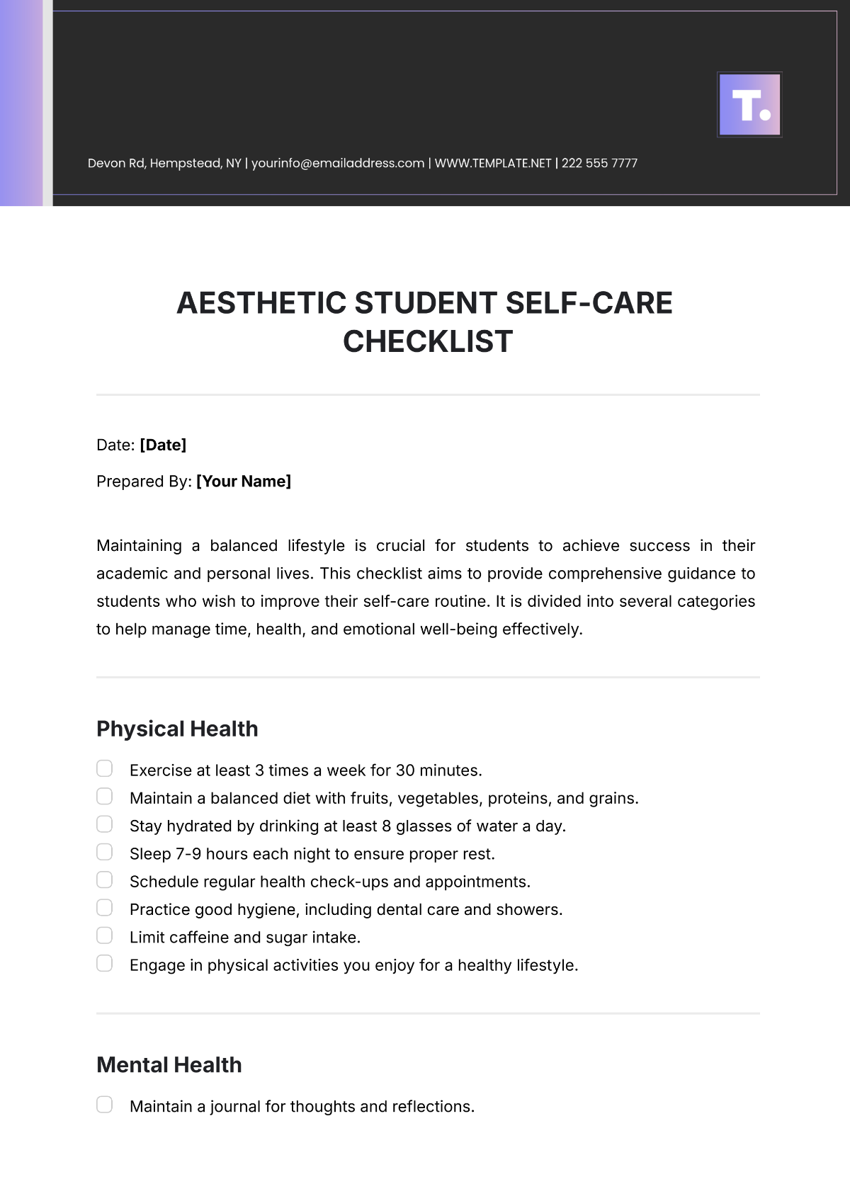 Aesthetic Student Self-Care Checklist Template - Edit Online & Download