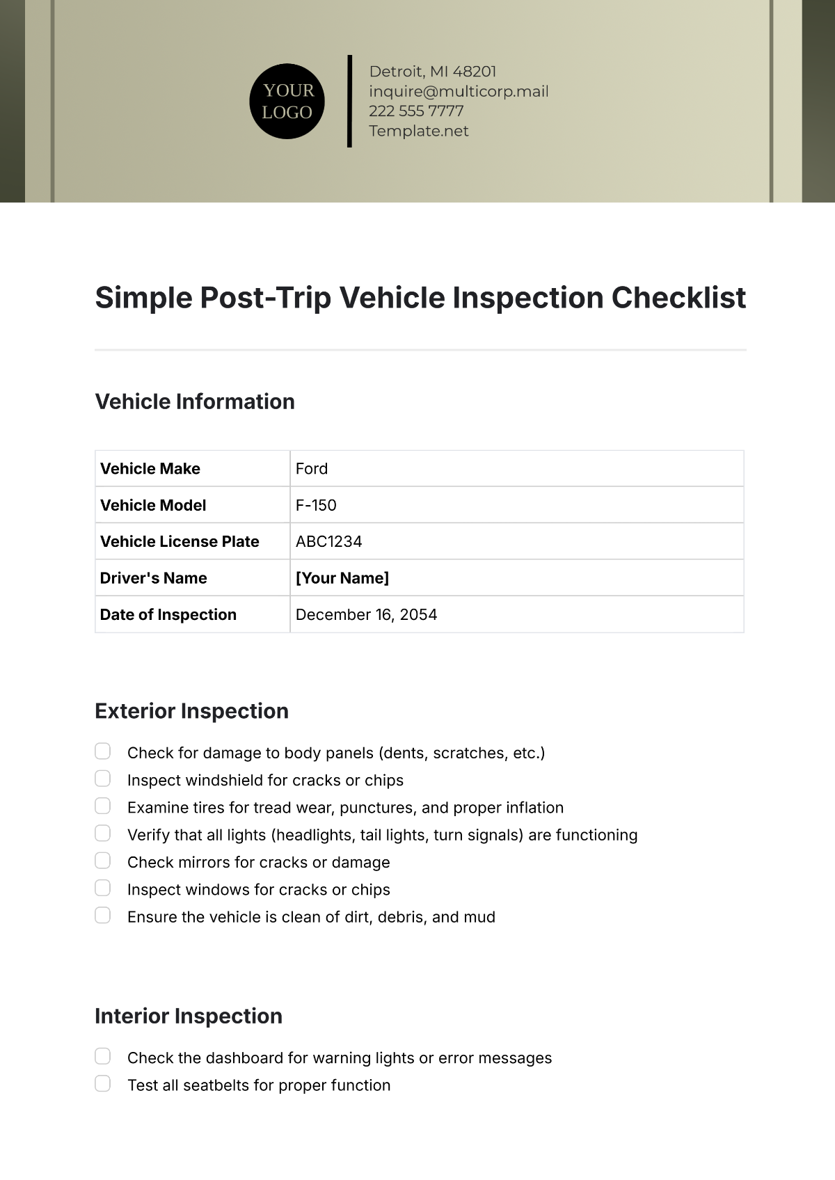 Simple Post-Trip Vehicle Inspection Checklist Template