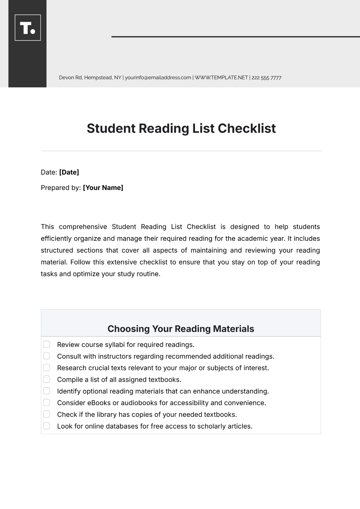 Student Reading List Checklist Template - Edit Online & Download