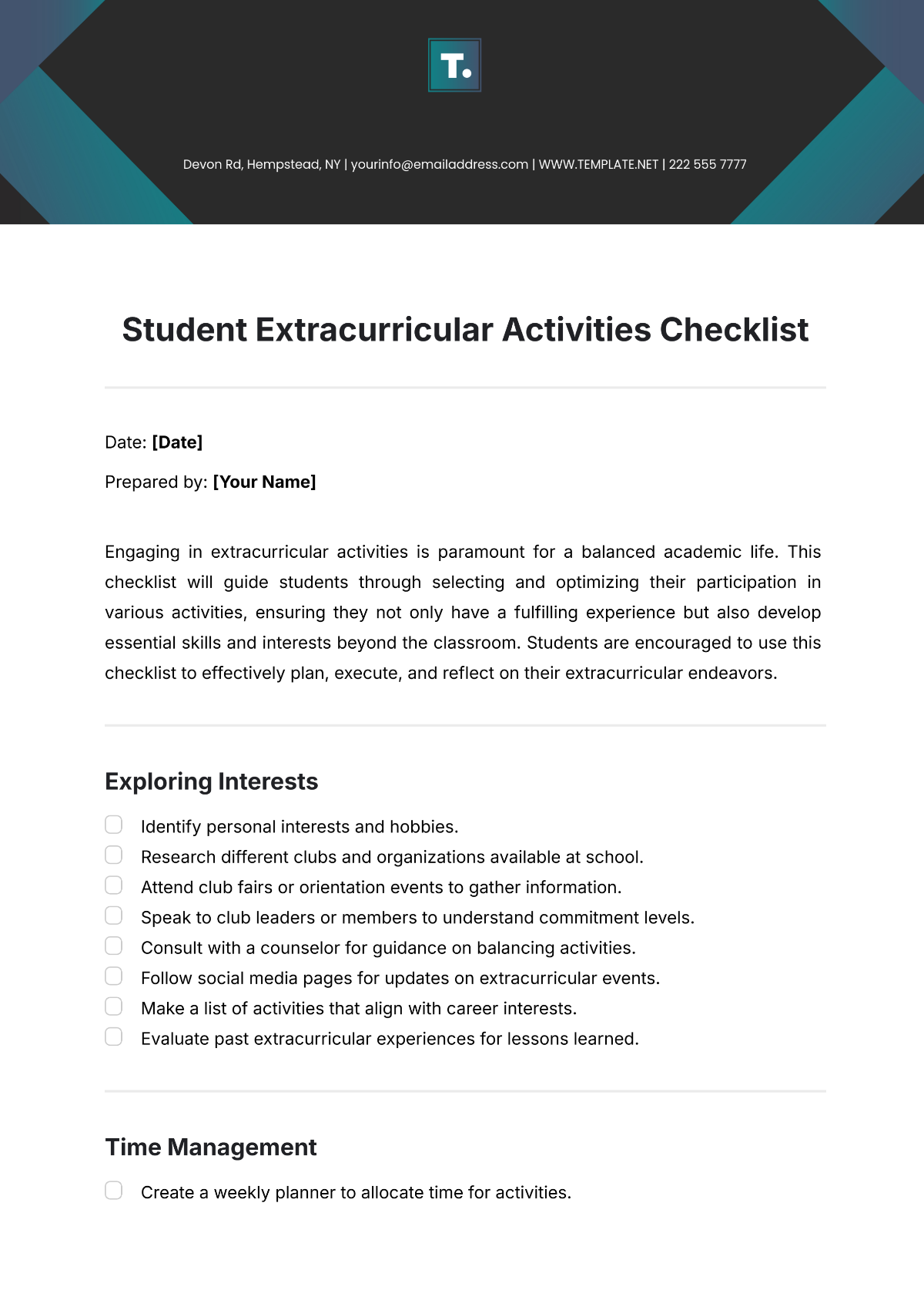 Student Extracurricular Activities Checklist Template - Edit Online & Download