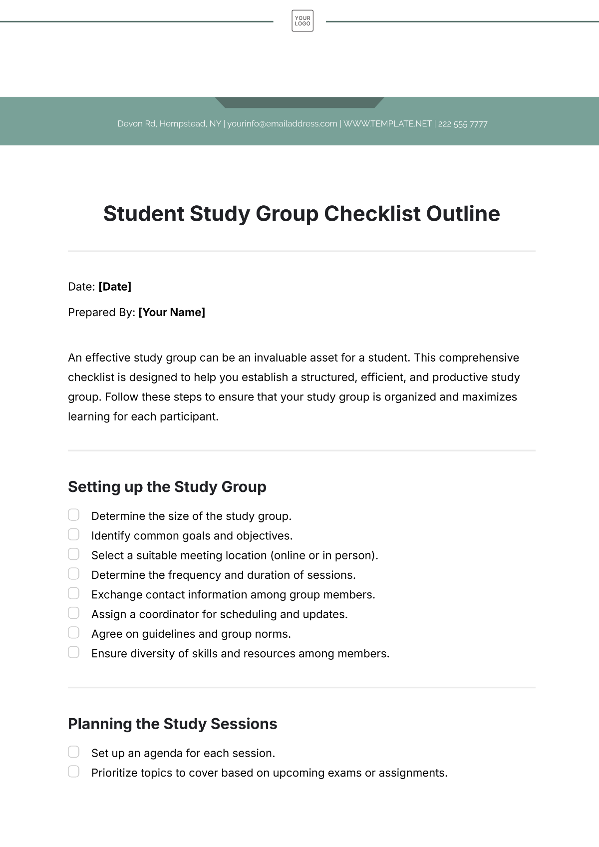 Student Study Group Checklist Outline Template - Edit Online & Download