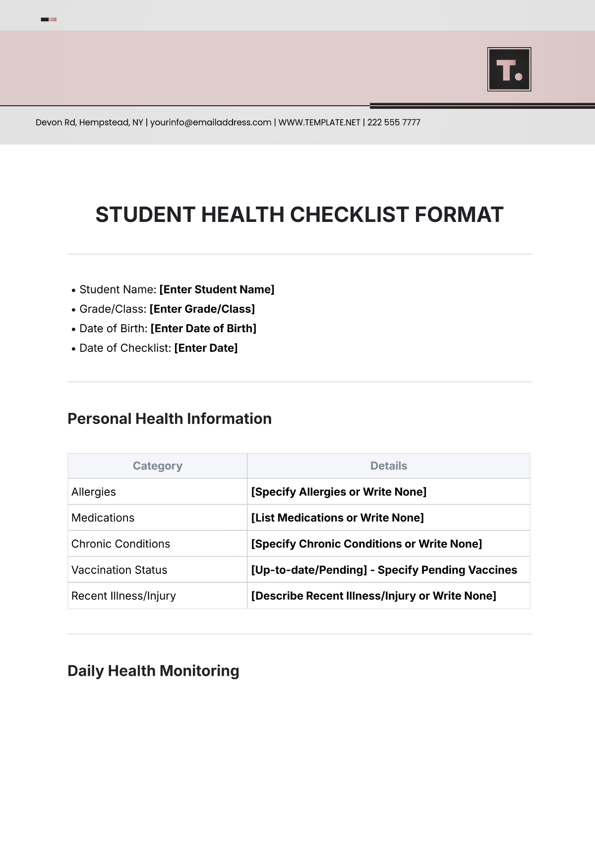 Student Health Checklist Format Template - Edit Online & Download