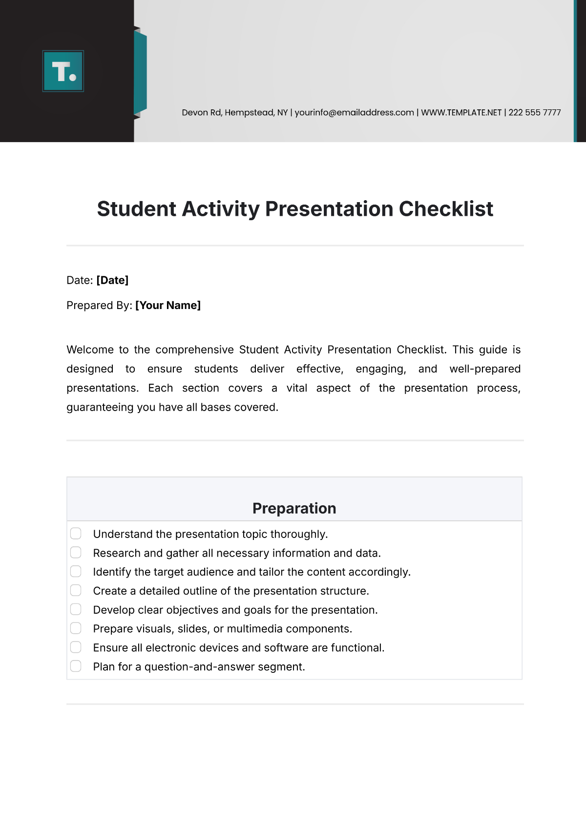 Student Activity Presentation Checklist Template - Edit Online & Download