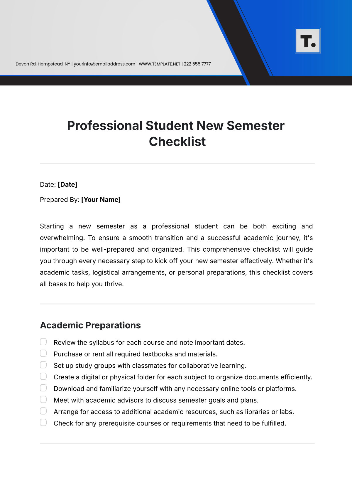 Professional Student New Semester Checklist Template - Edit Online & Download