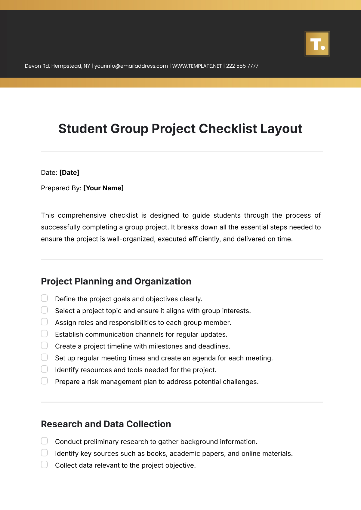 Student Group Project Checklist Layout Template - Edit Online & Download