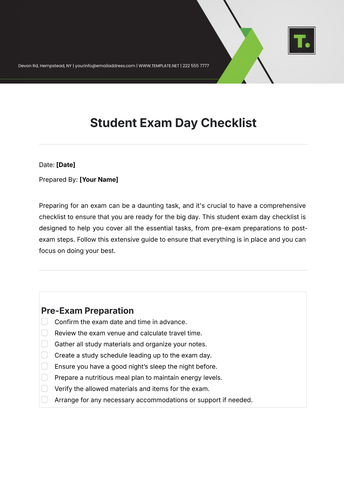 Student Exam Day Checklist Template - Edit Online & Download