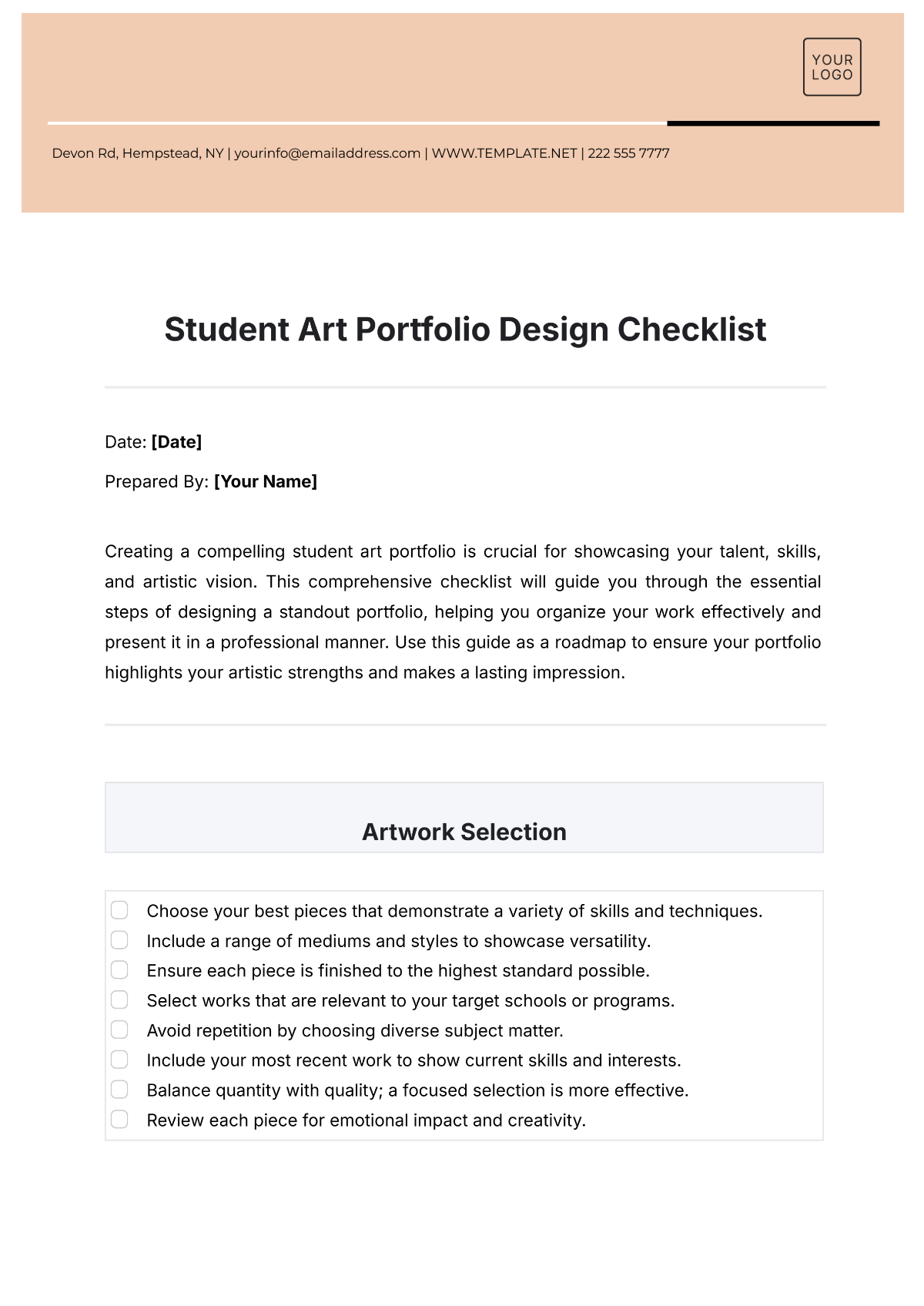 Student Art Portfolio Design Checklist Template - Edit Online & Download