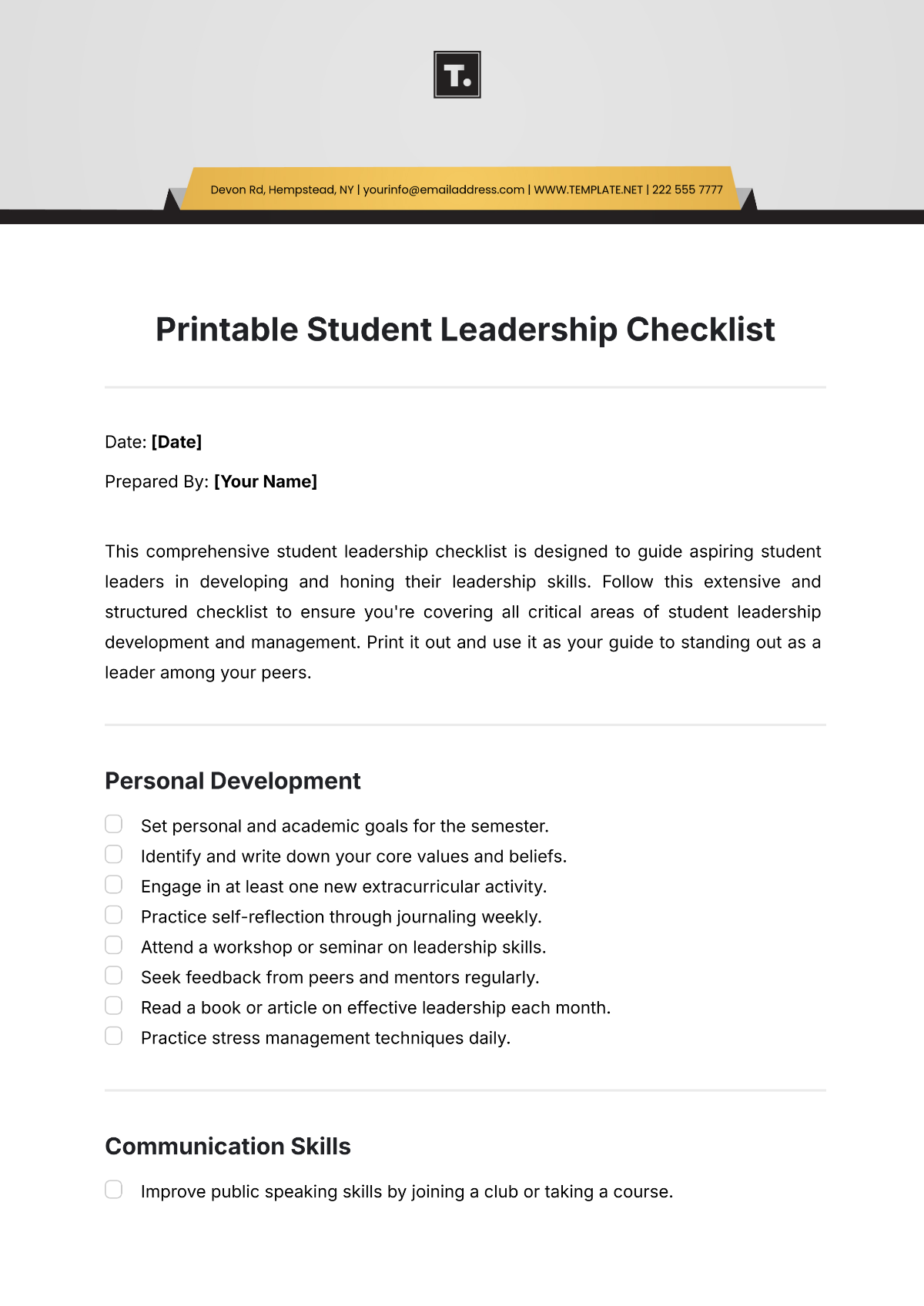 Printable Student Leadership Checklist Template - Edit Online & Download