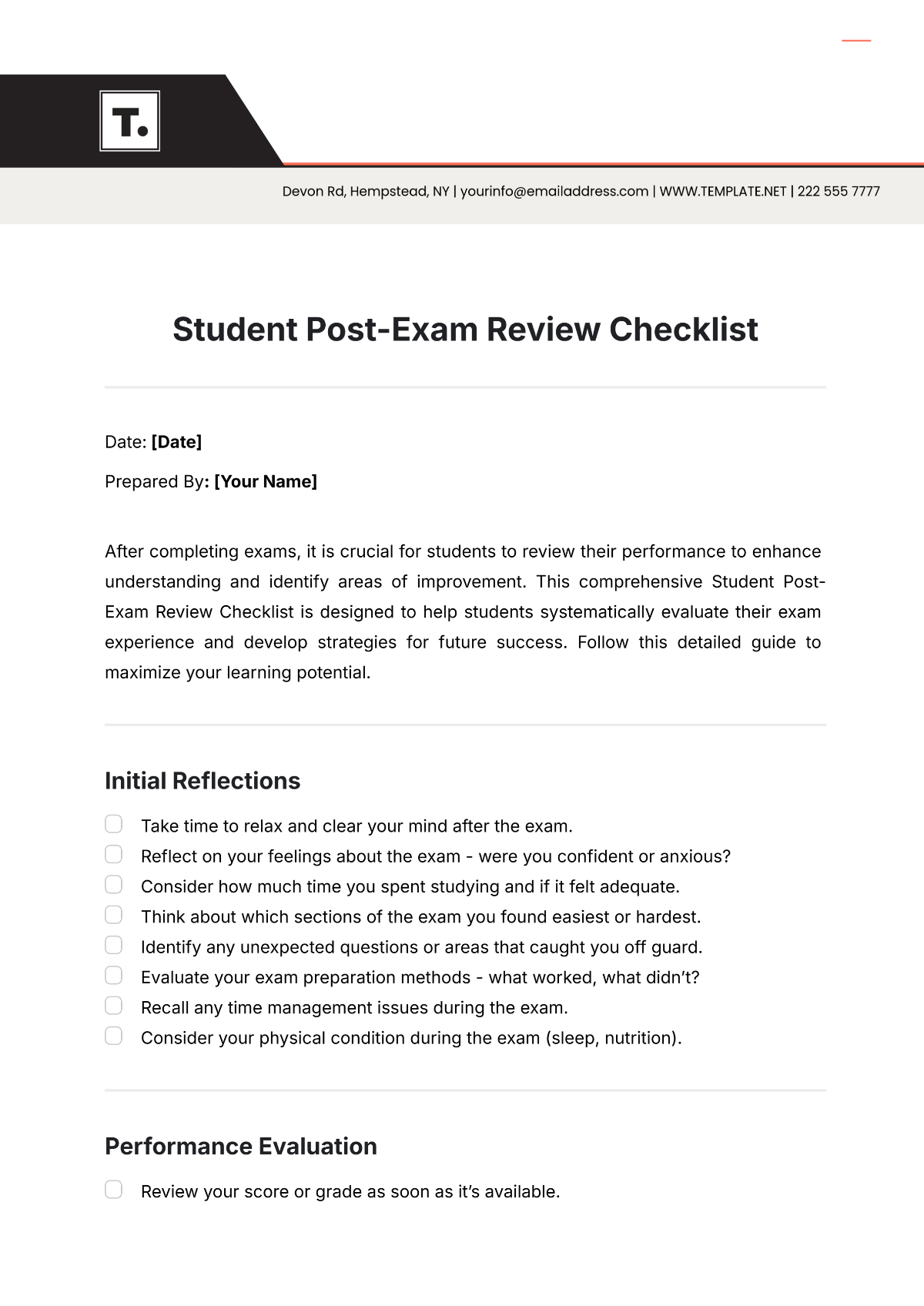 Student Post-Exam Review Checklist Template - Edit Online & Download