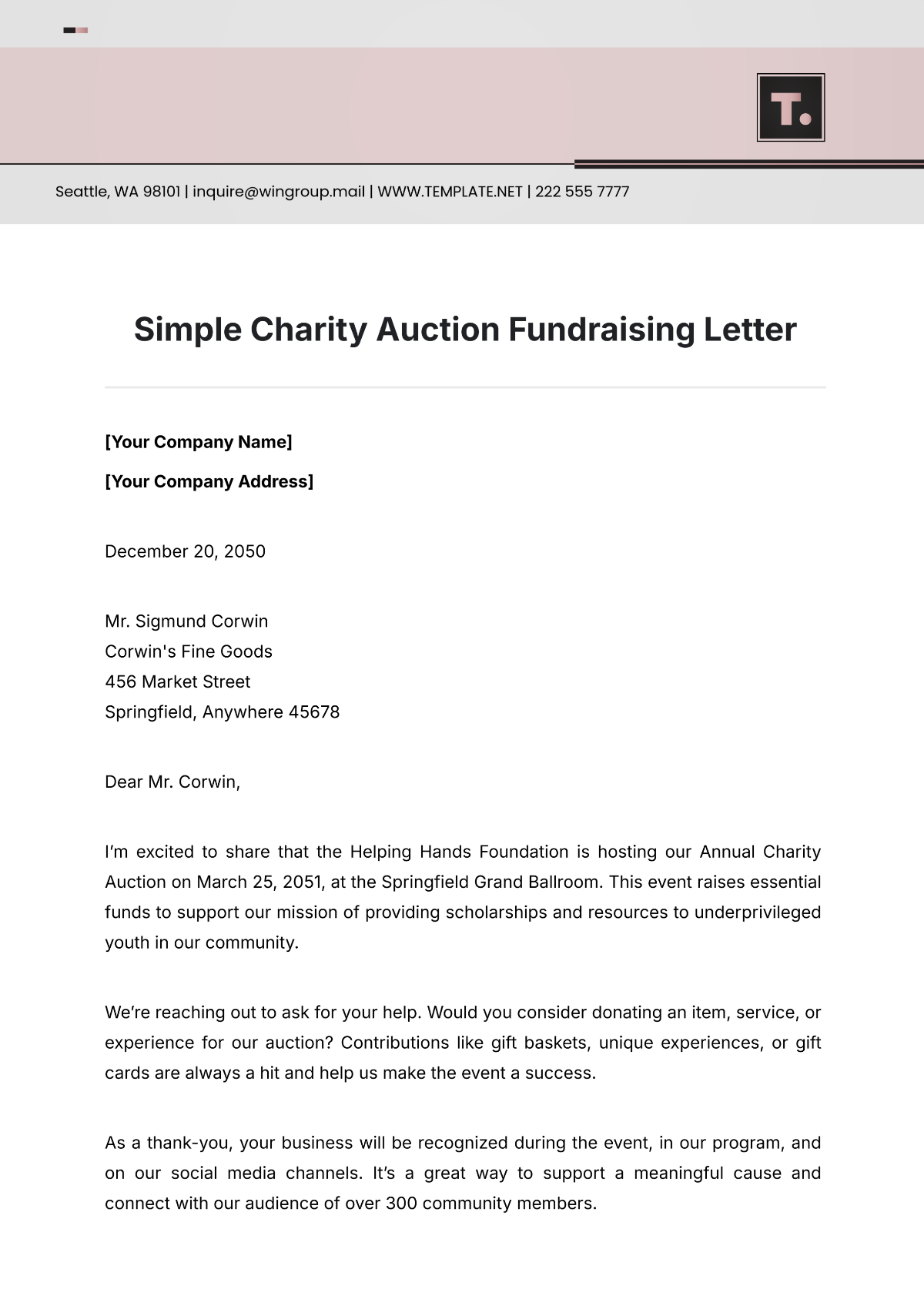 Simple Charity Auction Fundraising Letter Template - Edit Online & Download