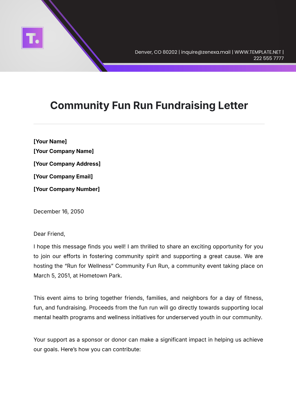 Community Fun Run Fundraising Letter Template - Edit Online & Download