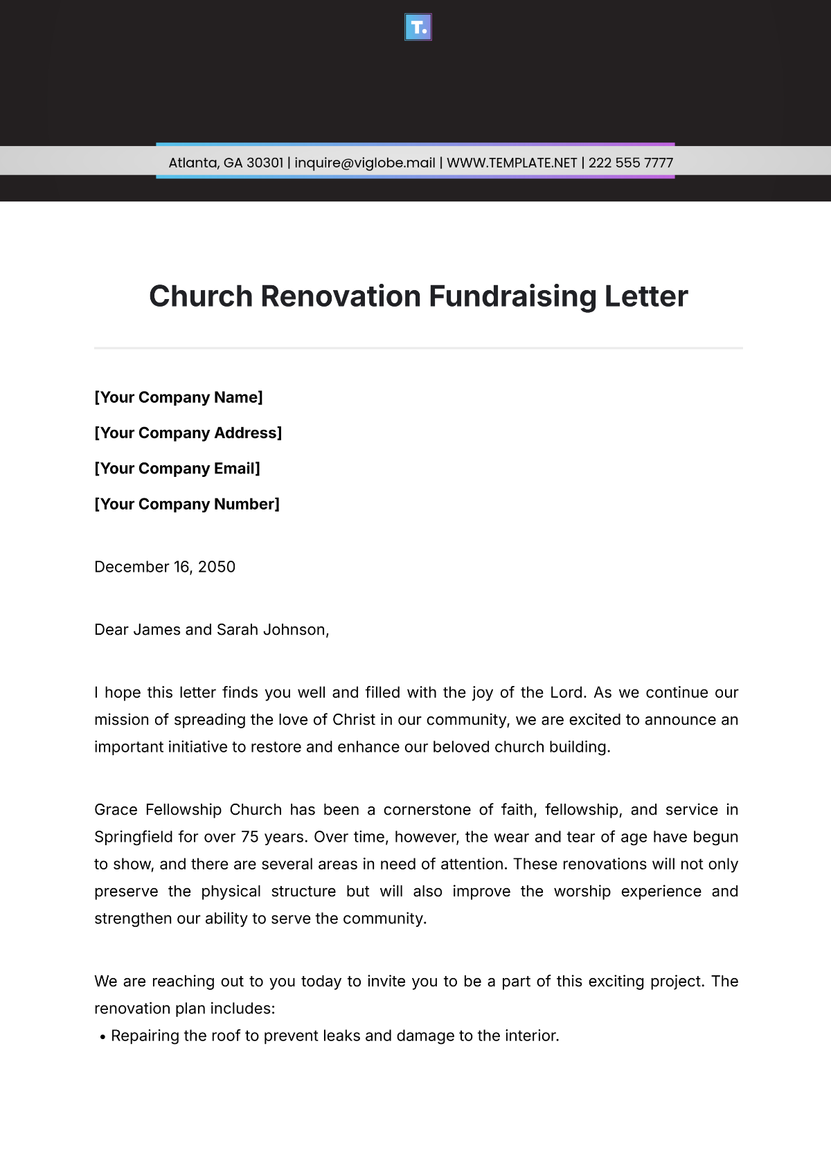 Church Renovation Fundraising Letter Template - Edit Online & Download