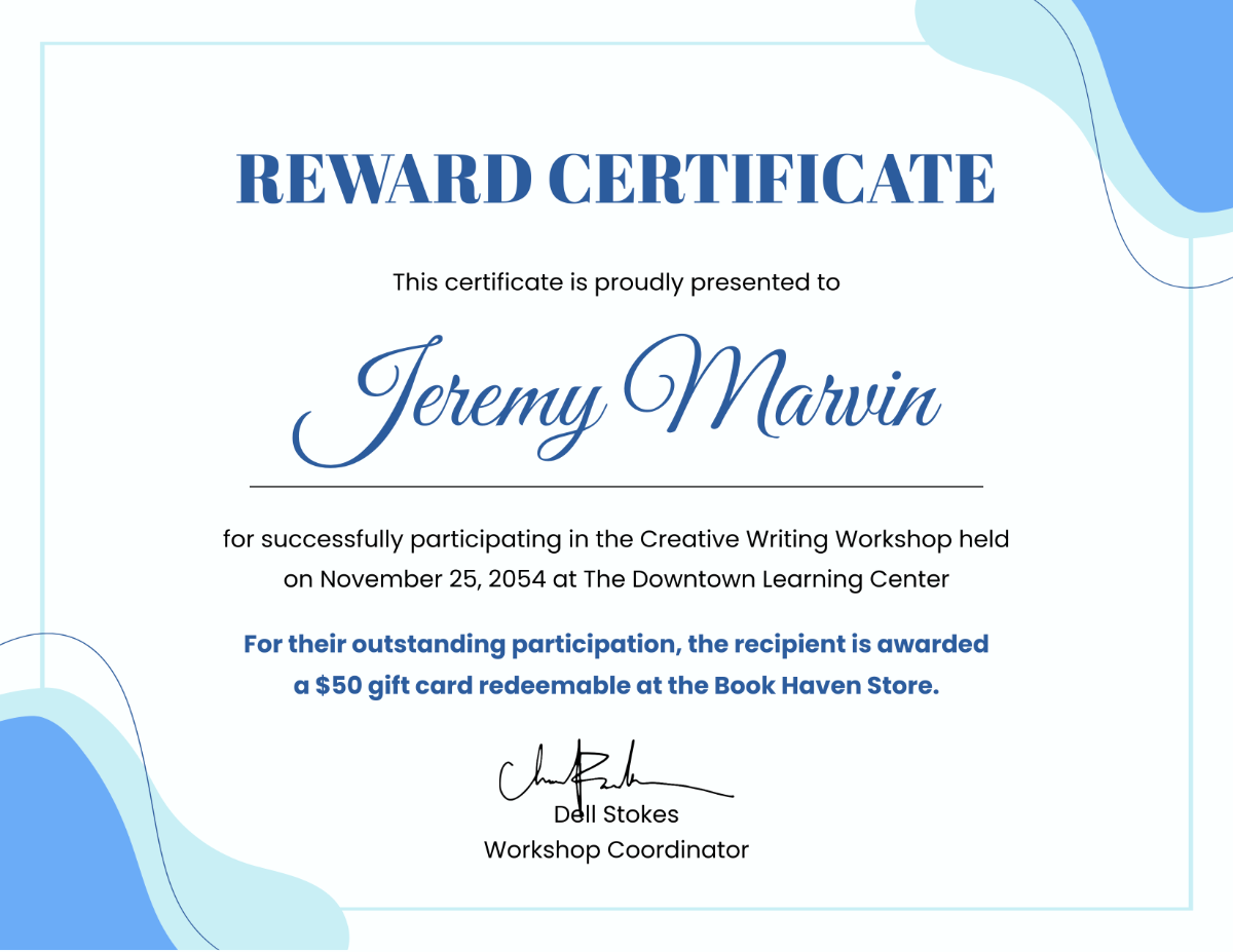 Reward Certificate for Workshop Template