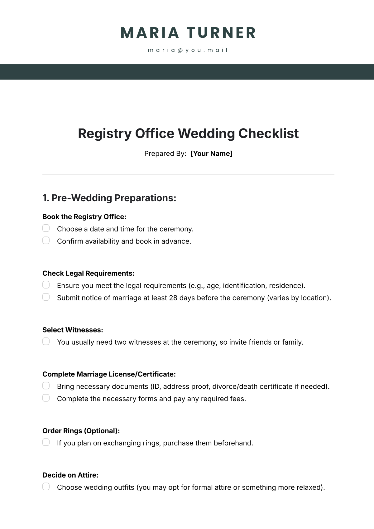 Registry Office Wedding Checklist Template - Edit Online & Download