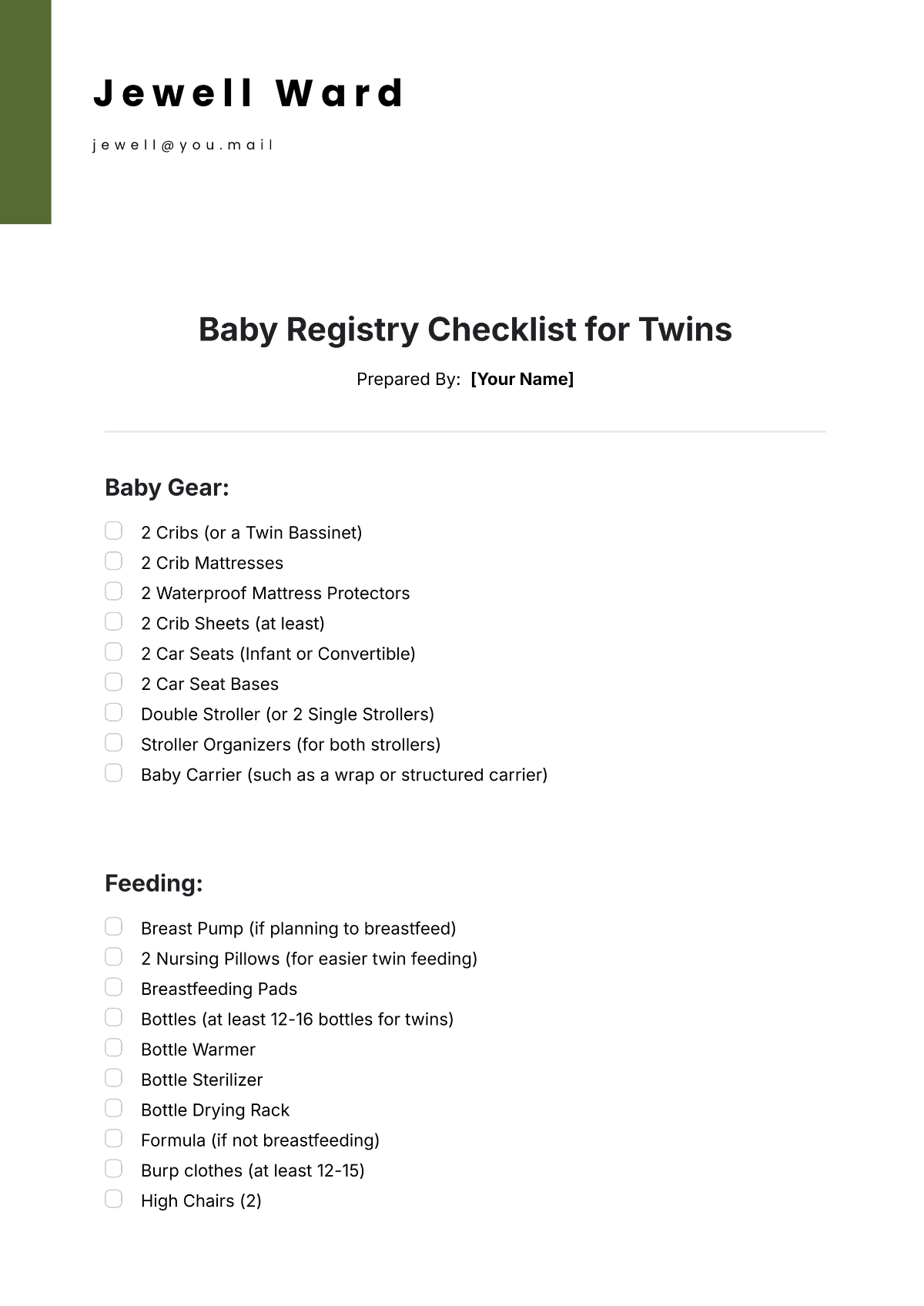 Baby Registry Checklist for Twins Template - Edit Online & Download