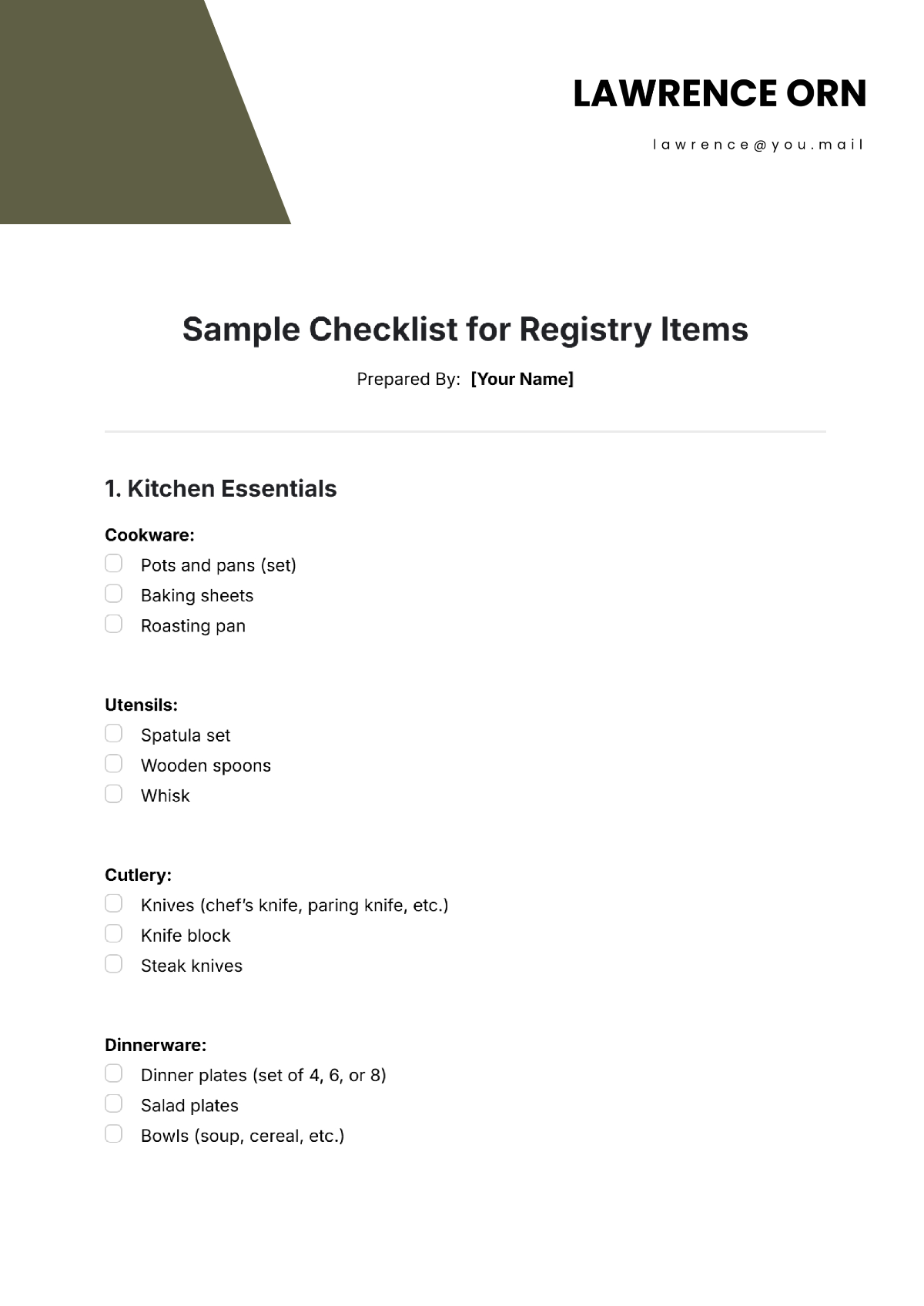 Sample Checklist for Registry Items Template - Edit Online & Download