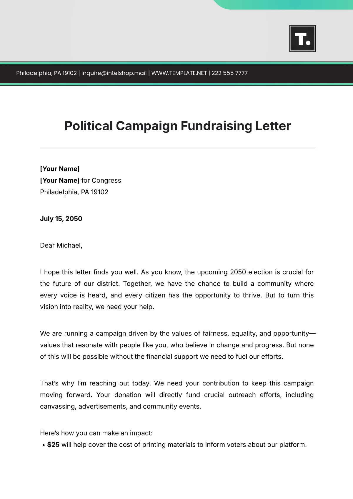 Political Campaign Fundraising Letter Template - Edit Online & Download