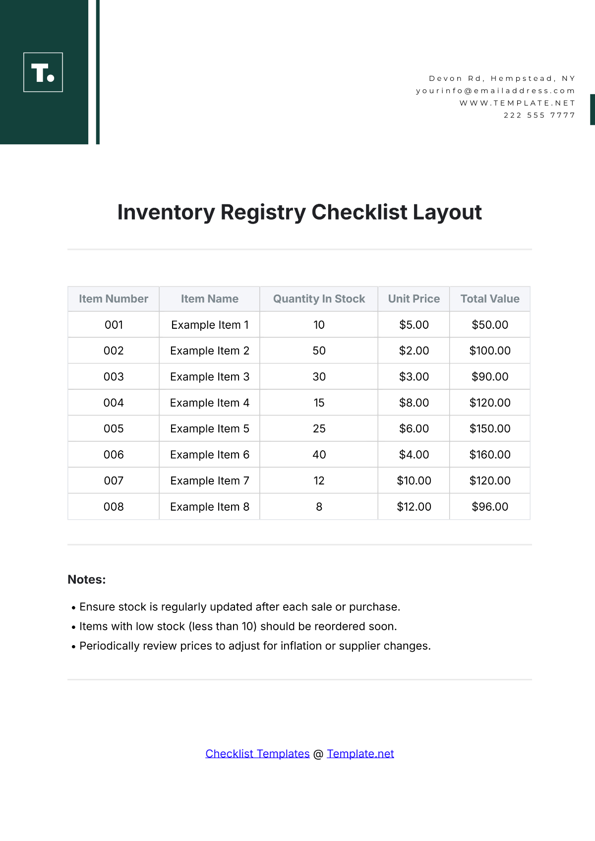 Inventory Registry Checklist Layout Template - Edit Online & Download