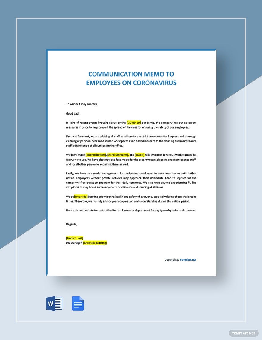 Communication Memo to Employees on Coronavirus Template in Word, Google Docs, Apple Pages