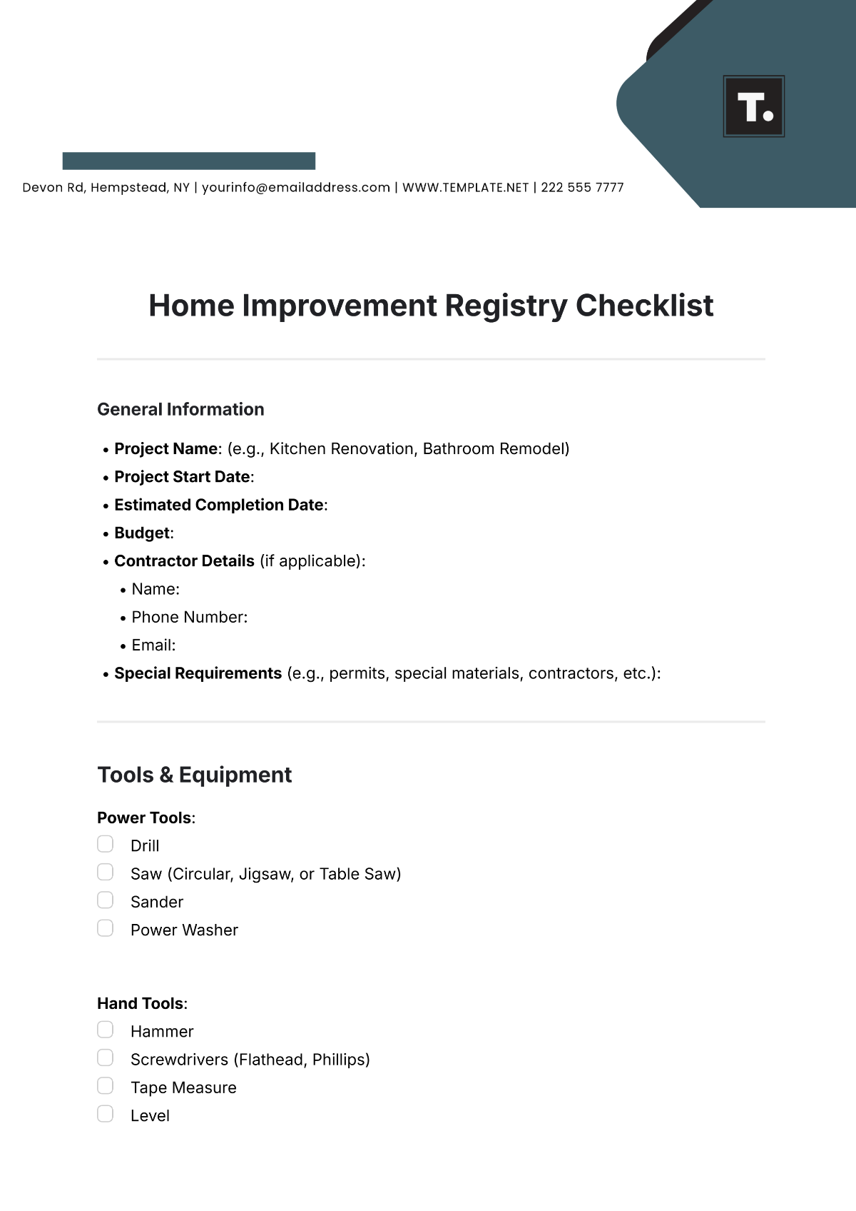 Home Improvement Registry Checklist Template - Edit Online & Download