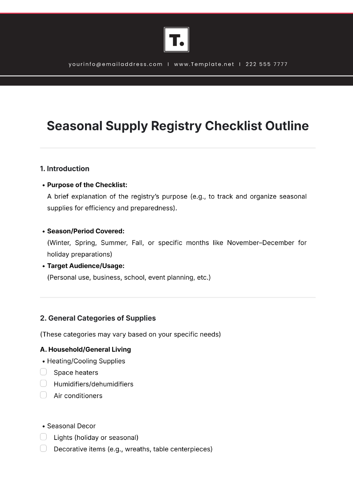 Seasonal Supply Registry Checklist Outline Template