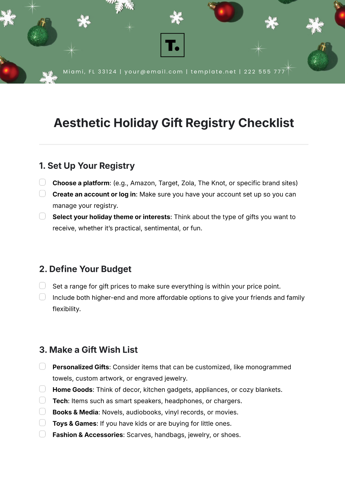 Aesthetic Holiday Gift Registry Checklist Template - Edit Online & Download