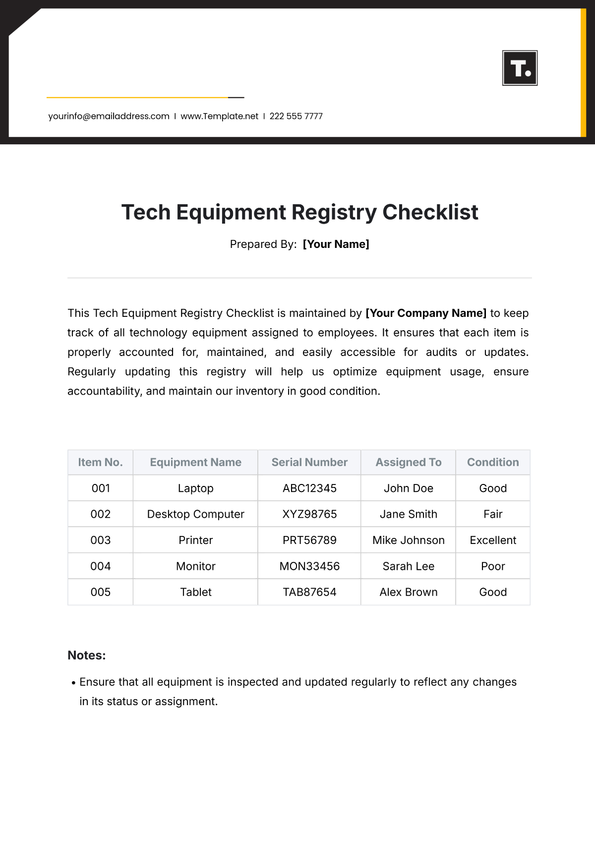 Tech Equipment Registry Checklist Template - Edit Online & Download